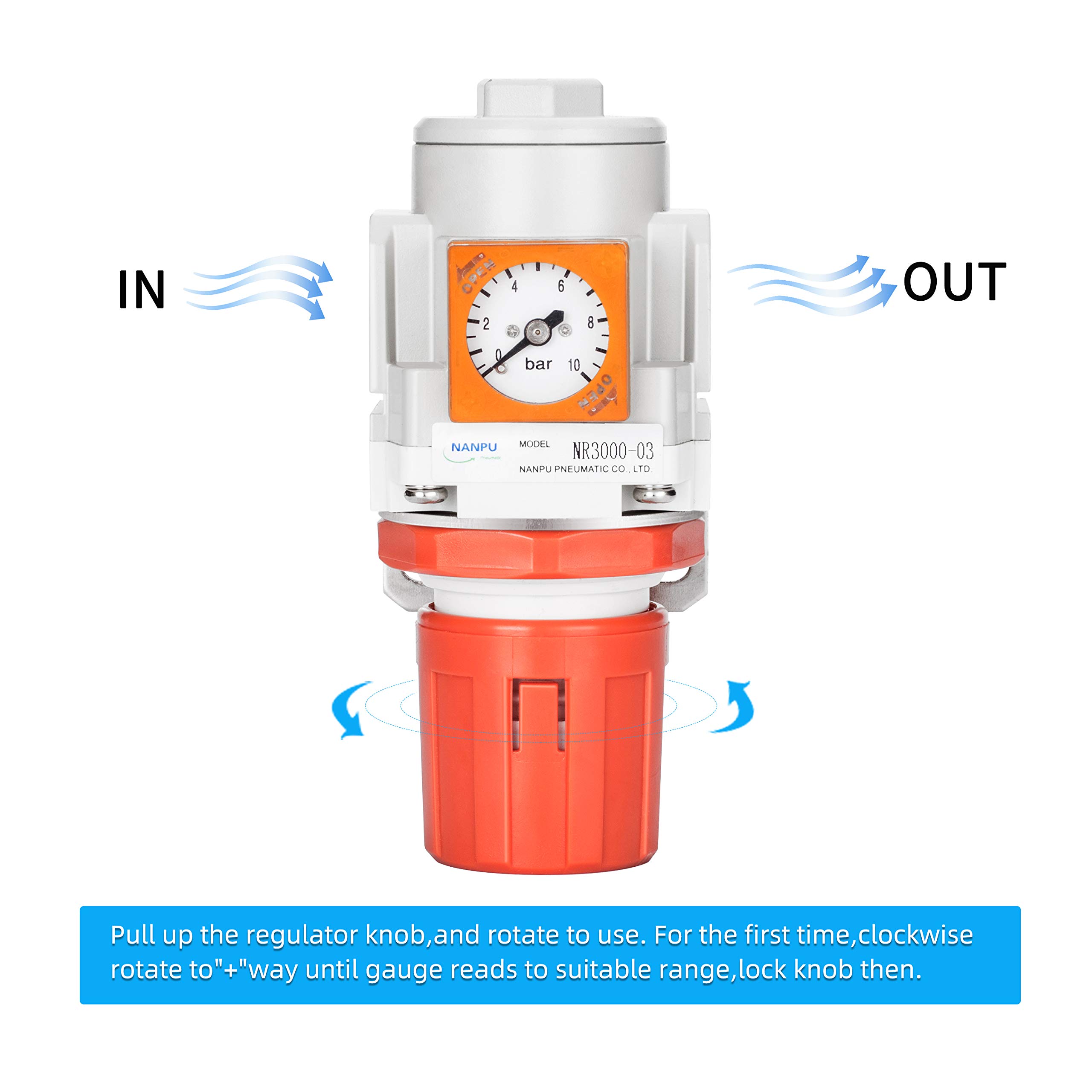 NANPU 3/8" BSPP Régulateur d'Air Comprimé - Manomètre Intégrée (0-10 Bar), Support En Métal, pour Compresseur d'Air, Outils Pneumatiques
