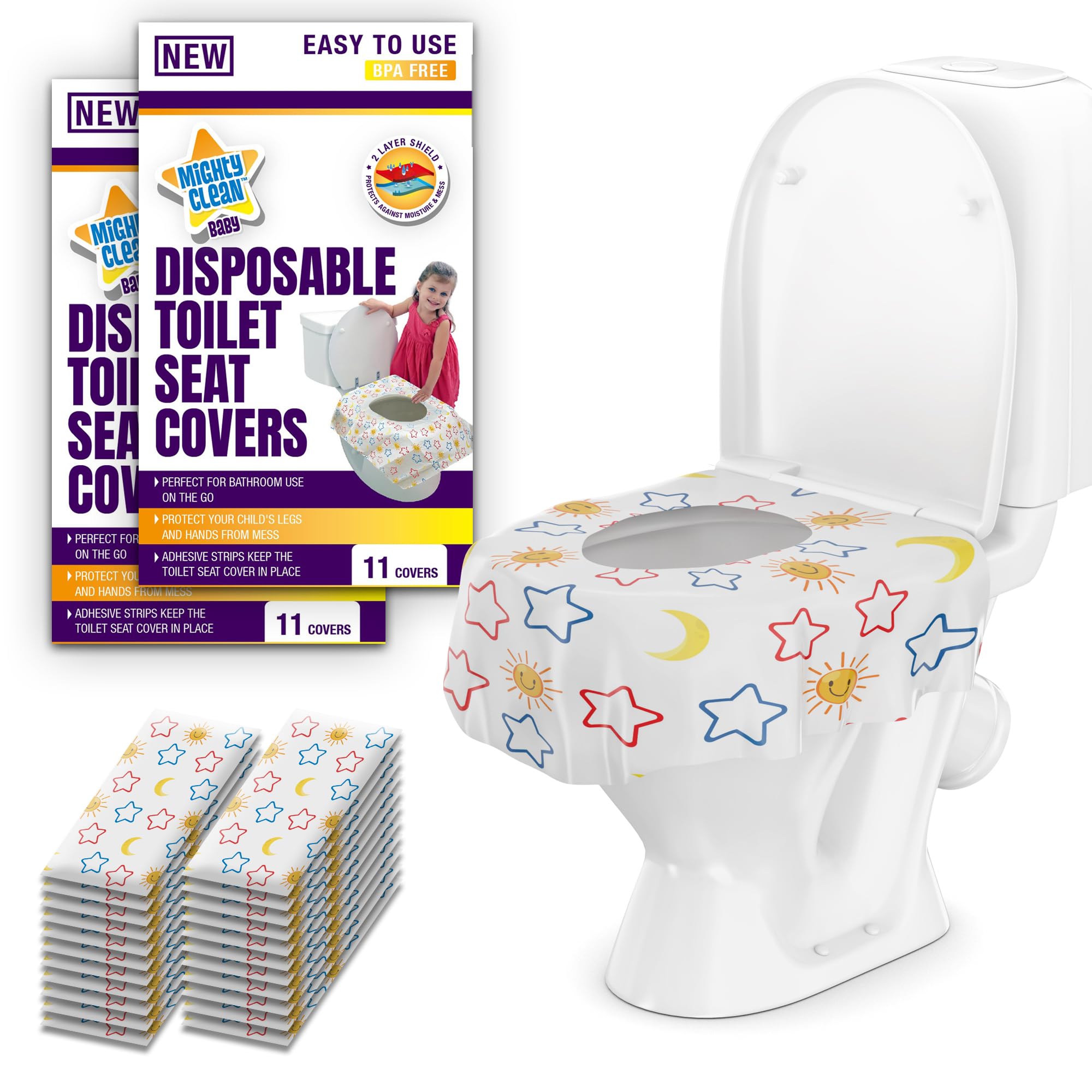Toilet Seat Covers Disposable Value Pack - 22 Large Waterproof Potty Covers for Toddlers, Kids, and Adults by Mighty Clean Baby - 2 Packs of 11 Covers