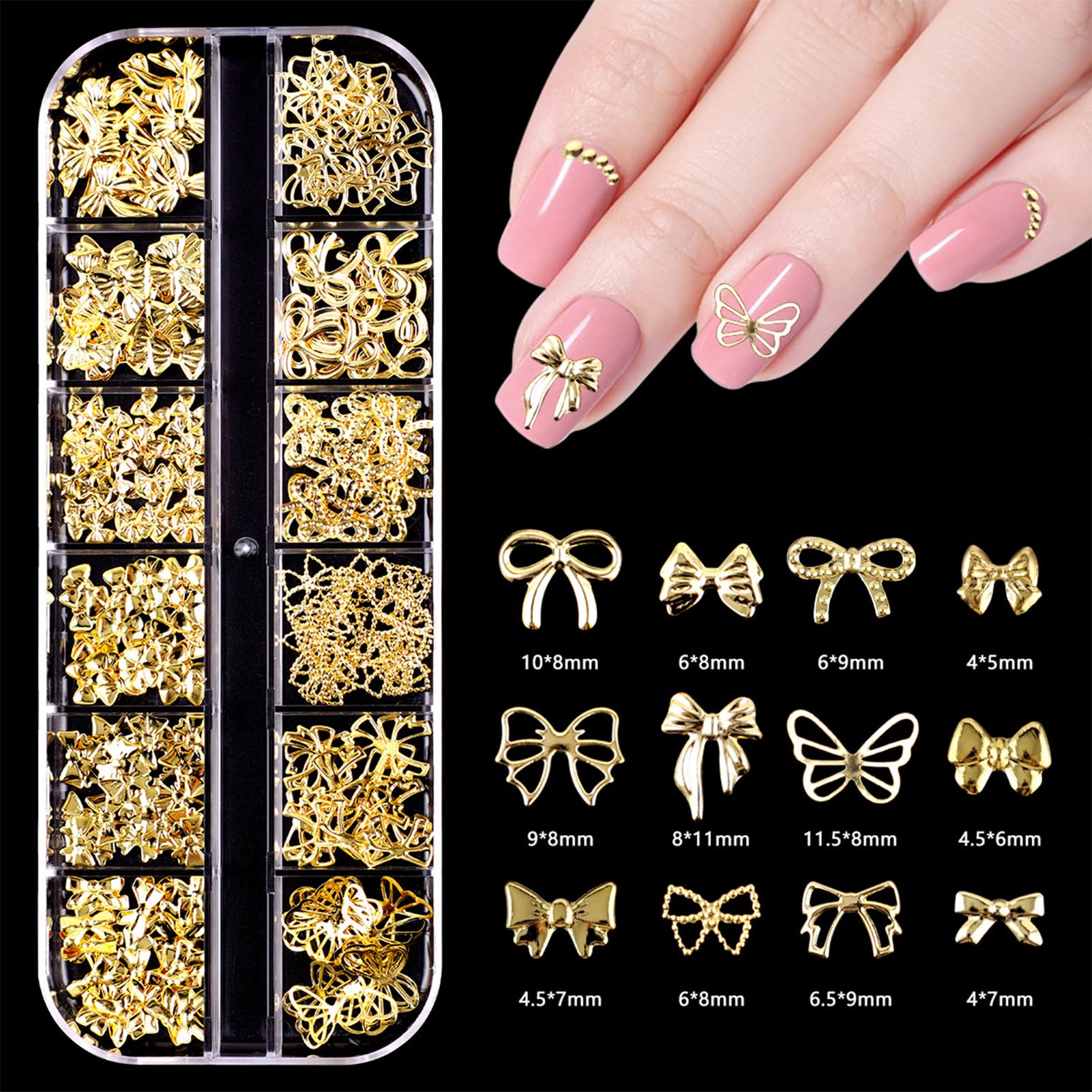 NICENEEDED 2 Boxes 3D Gold Nail Charms, Assorted Bow Bowknot Heart Star Alloy Nail Studs, Metal Shiny Nail Jewelry for Nails