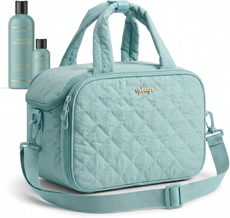 Necessaire acolchoada VPBAGE Light Blue com divisória removível e alça de ombro, 31 cm x 16 cm x 22 cm