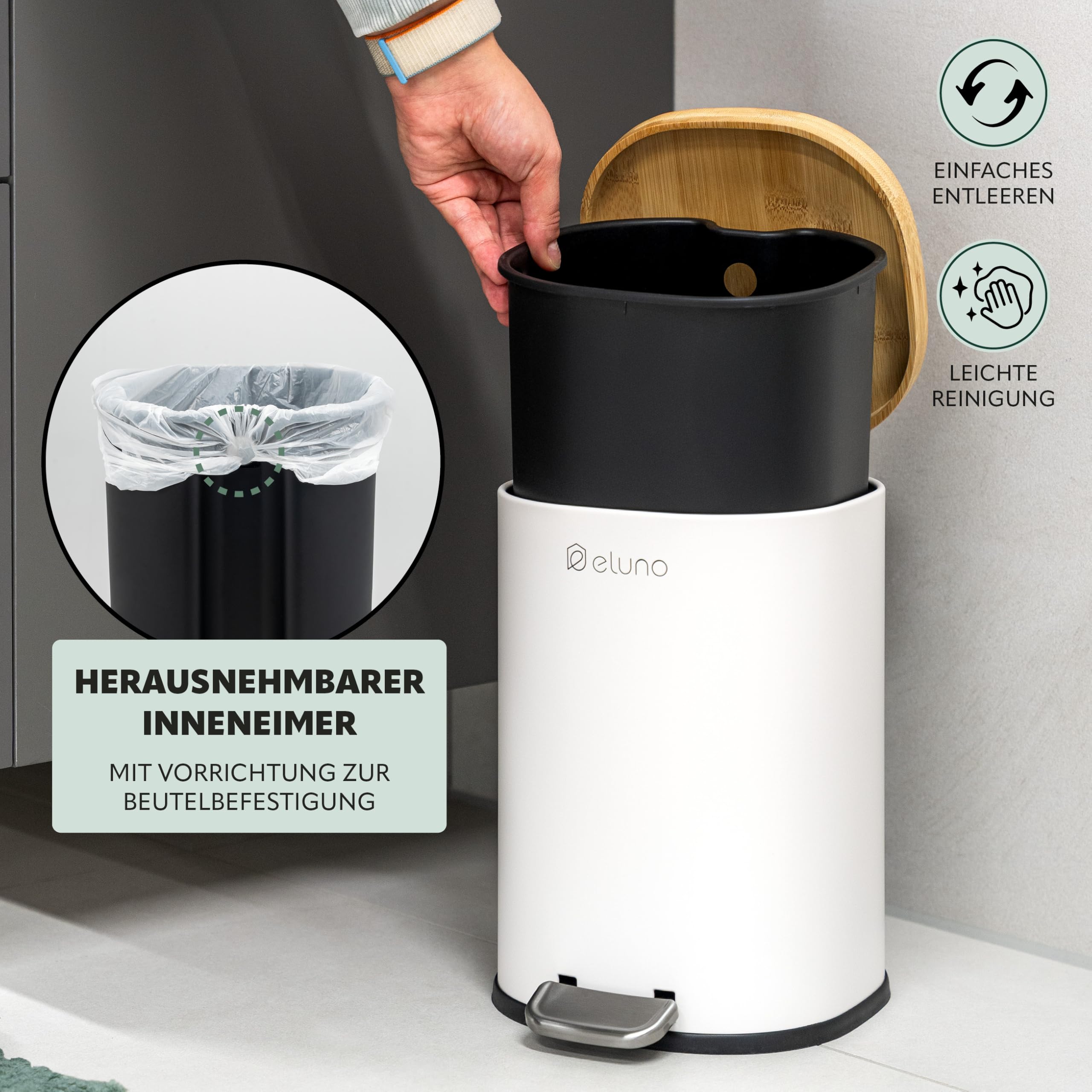 eluno Juego de accesorios de baño Framura, 2 piezas, compuesto por 1 cubo cosmético con tapa de cierre suave y 5 litros de capacidad y 1 juego de inodoro, de metal con tapa de bambú (blanco)