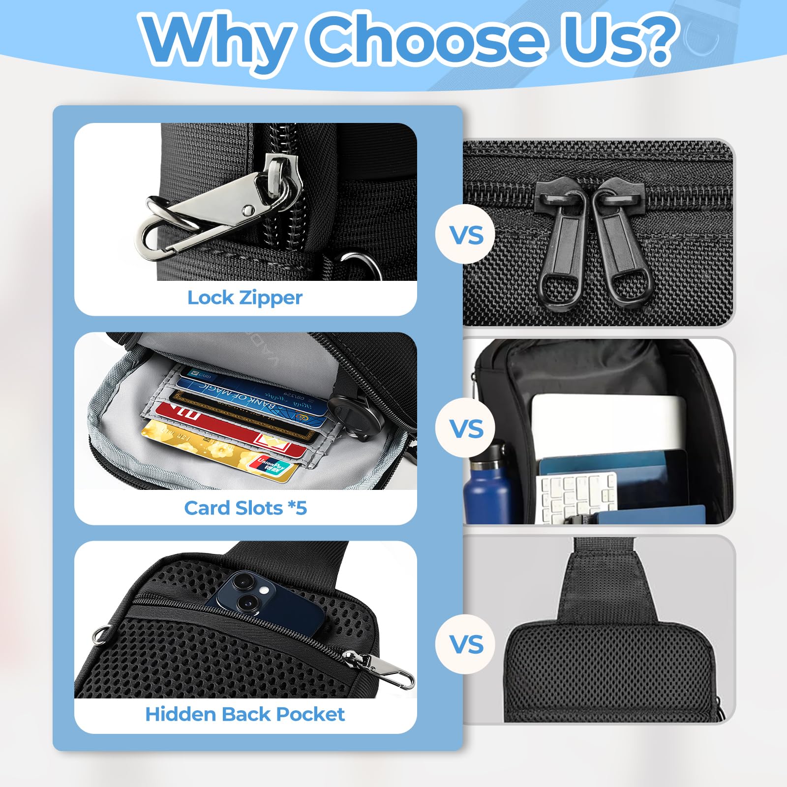 BROADREAM Anti Diebstahl Sling Bag Herren, Wasserdichte RFID Umhängetasche mit Sicherheitsreißverschluss, Kleine Crossbody Brusttasche für Männer & Damen, Handytasche für Reise Outdoor Arbeit