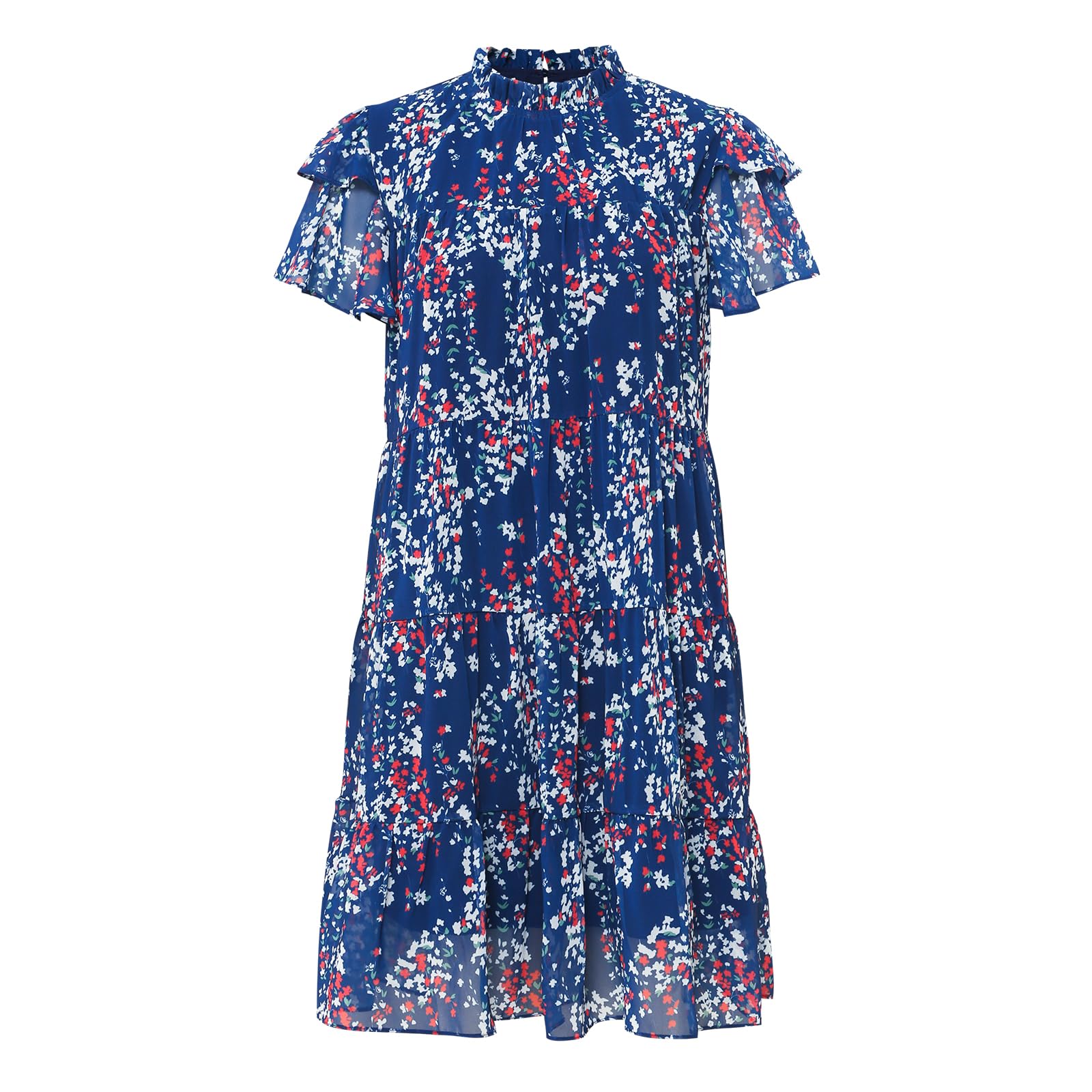 Women's Floral Print Short Sleeve Mock Neck Summer Casual Boho Tiered Layered Mini Dress