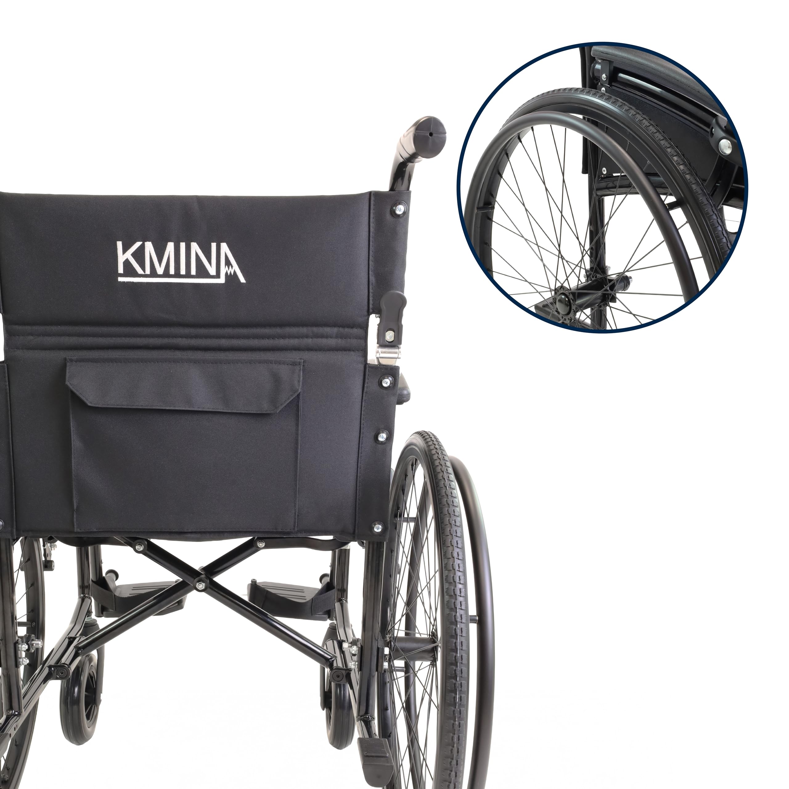 KMINA Sedia a Rotelle Pieghevole Leggera in Alluminio (Seduta 46 cm), Autospinta, Schienale e Poggiapiedi Ribaltabili, Braccioli Regolabili, Cintura e Freno a Mano