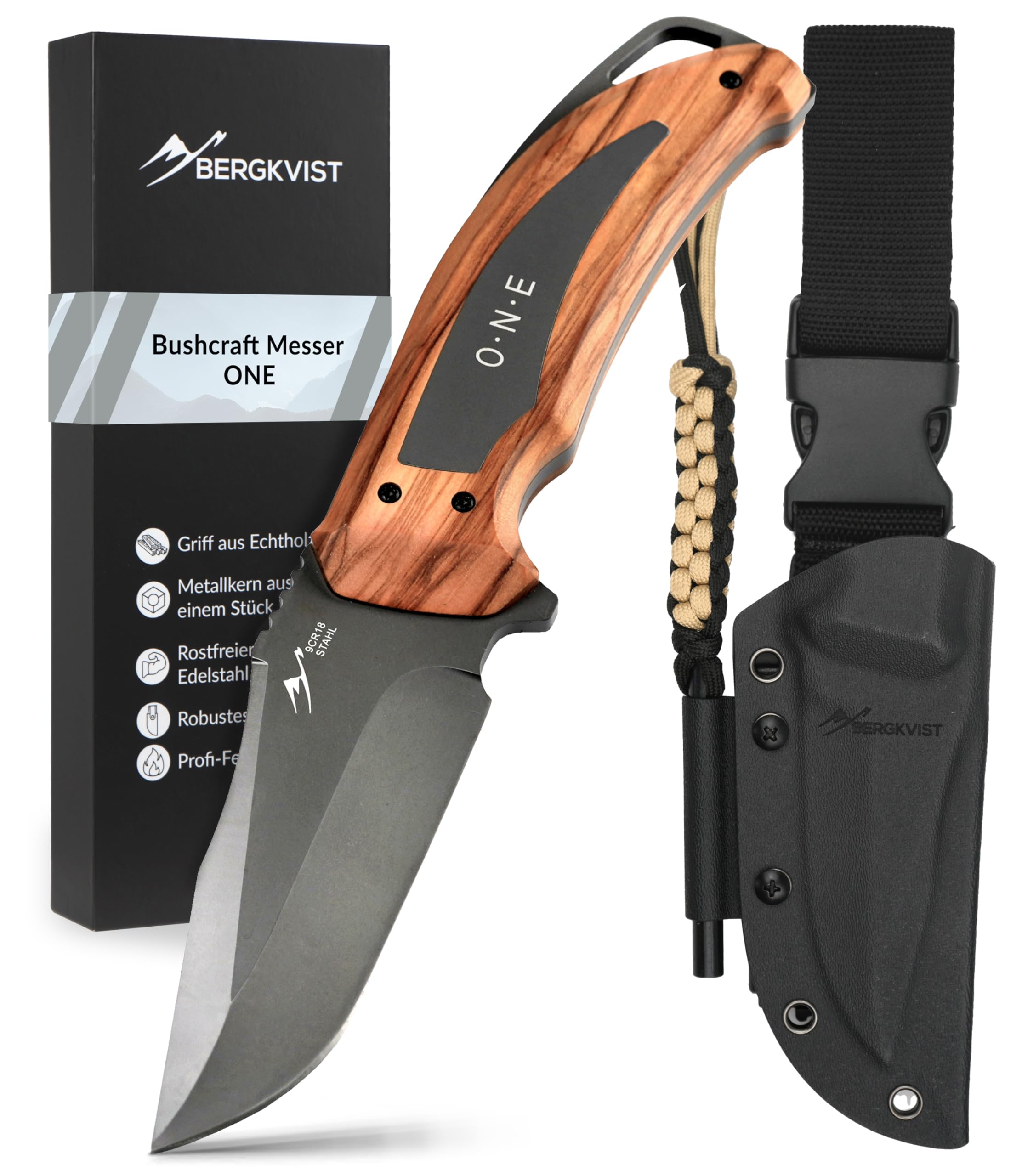 BERGKVIST® Bushcraft nóż ONE ze stałym ostrzem Full Tang (9,7 cm) – dopuszczony do przewożenia w Niemczech – nóż survivalowy do użytku na zewnątrz z uchwytem z prawdziwego drewna, kaburą, krzesiwem i