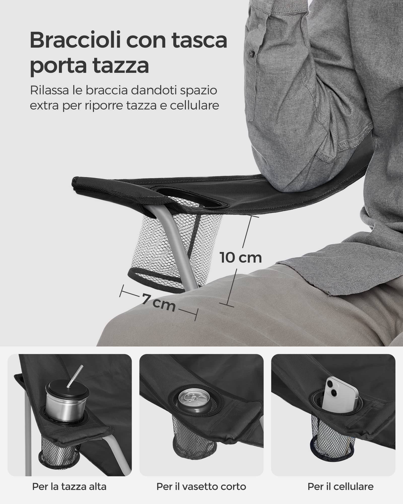 SONGMICS Sedie da Campeggio, Set di 2 Sedie da Esterno, con Braccioli, Portabicchiere, Portatile, Pieghevole, Portante di 120 kg, per Campeggio, Giardino, Spiaggia, Terrazza, Nero GCB01BK