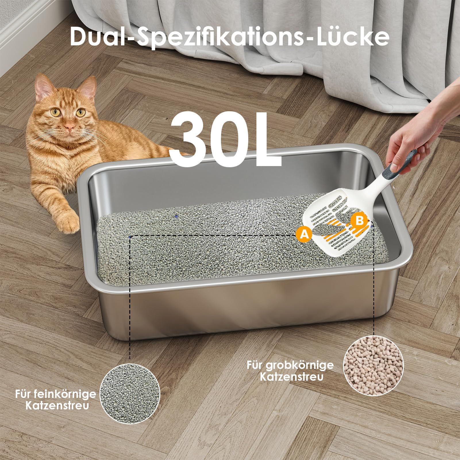 Youyijia XXL Katzentoilette Edelstahl, 30L Katzentoilette mit spritzwassergeschützt Deckel, großem Metall-Streubehälter, Streumatte und Streuschaufel, große und mittelgroße Katzen, 59,5 x 39,5 x 30 cm