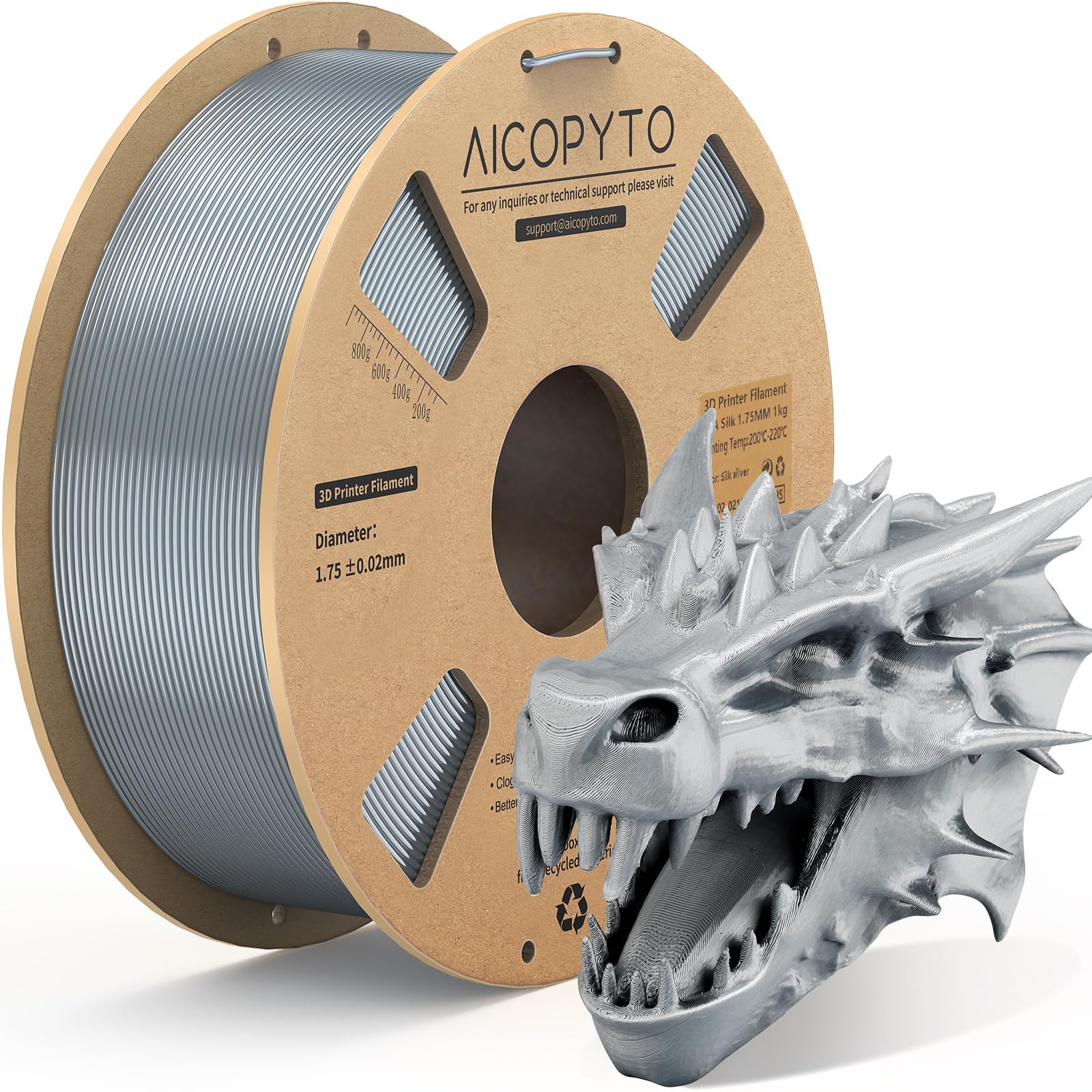 3D Printer Silk PLA Filament 1.75mm, Shiny Color Silver, Dimensional Accuracy +/- 0.02 mm, 1KG (2.1lbs)/Spool Easy to Print for Most FDM 3D Printers
