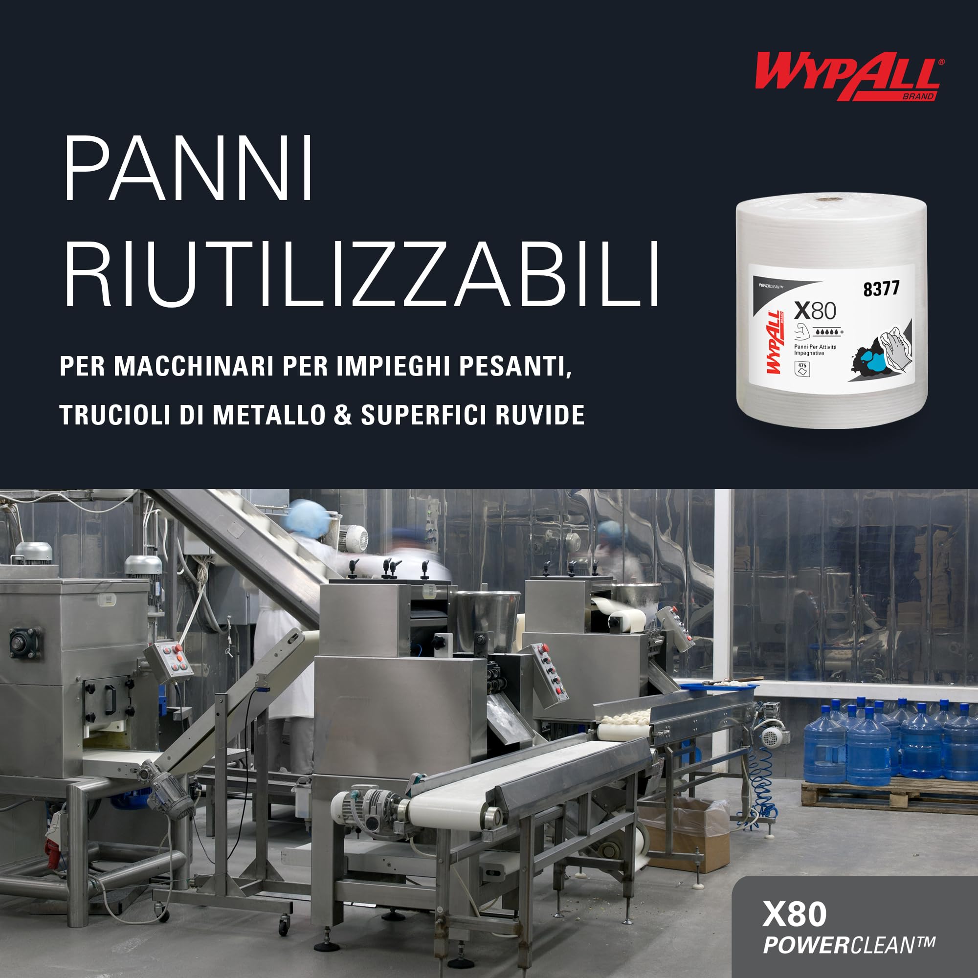 WypAll Panni WypAll X80 Power Clean - Panni per la pulizia riutilizzabili - 1 rotolo grande da 455 panni assorbenti bianchi, Numero articolo 8377