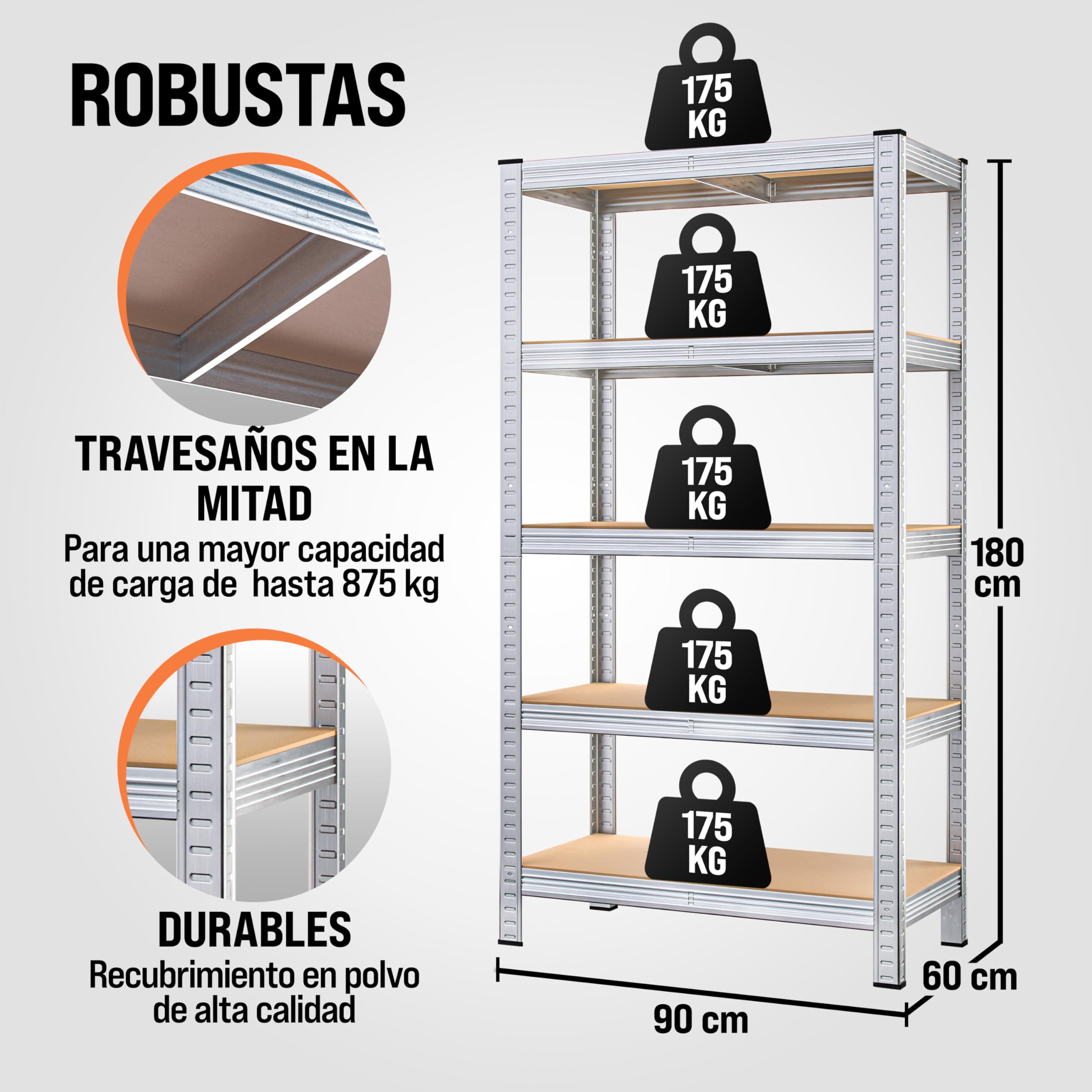 Monzana 2X Estanterías Almacenaje Metálicas Galvanizadas 180x90x40Cm Plata | 1750 kg, Modular, Trastero, Cocina, Despensa, 5 Estantes Baldas Ajustables, Carga Pesadas, Metálicas, Garaje,Almacenamiento