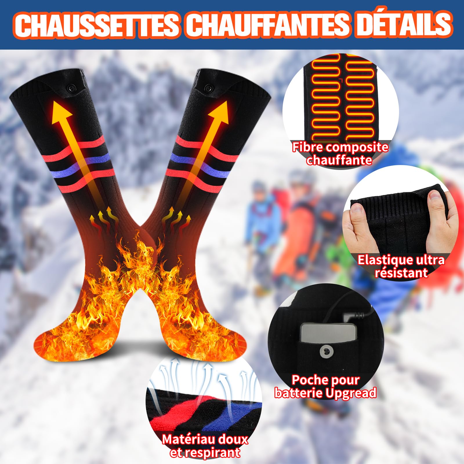 BIBURY Chaussettes Chauffantes Homme Femme, 2×5000mAh Chaussette Chauffante Rechargeables, 3 Niveaux de Chauffe, Lavables Chaussettes Thermiques, Chauffe Pied pour Sports, Ski, Camping, Moto, Cyclisme