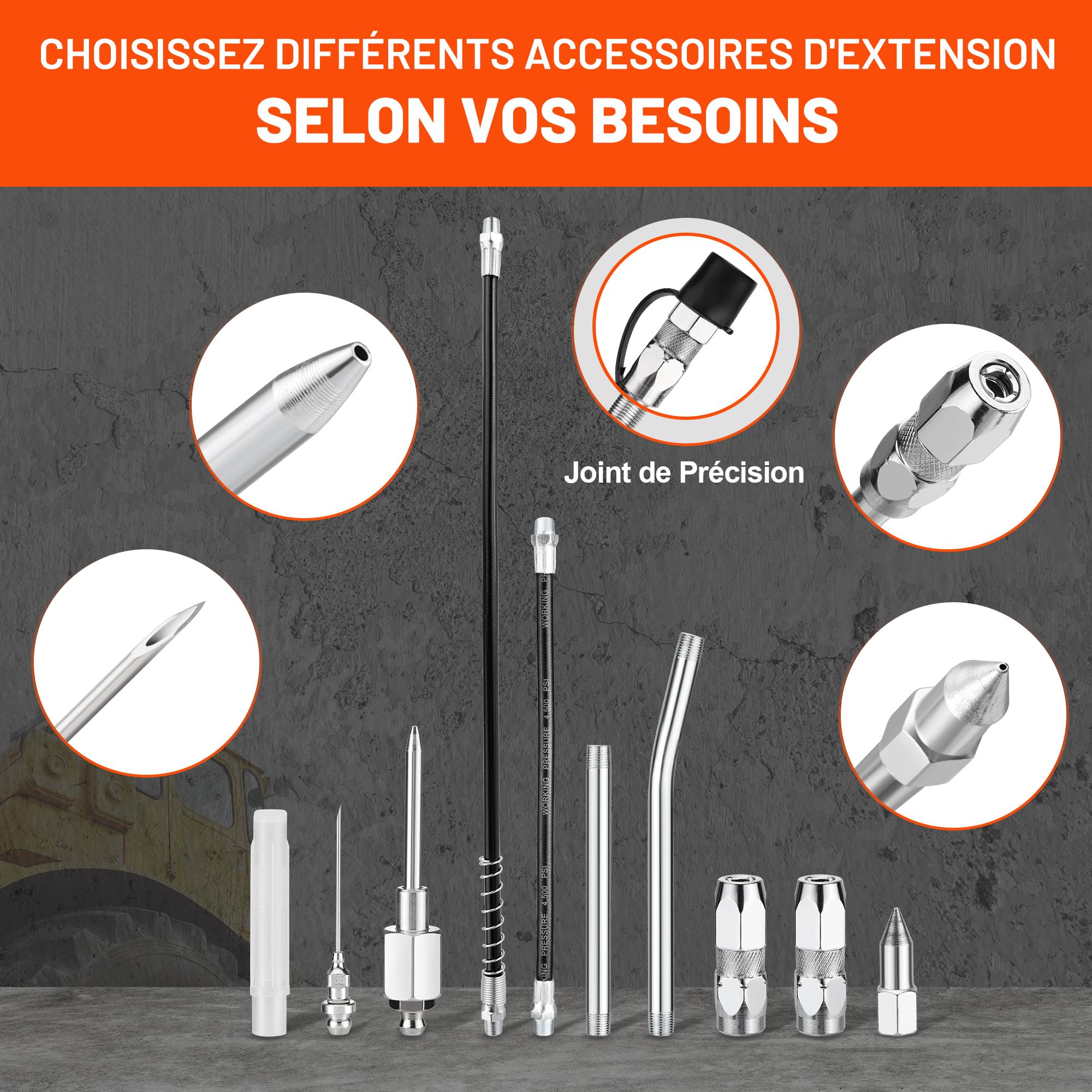 ValueMax Pistolet à Graisse 6000PSI, Pompe à Graisse Manuelle | Pistolet Graisseur pour Cartouche de Graisse 400 ml, Tuyau Flexible 24/45 cm, 2 Tubes Métalliques 11/14,5 cm et 5 Buses