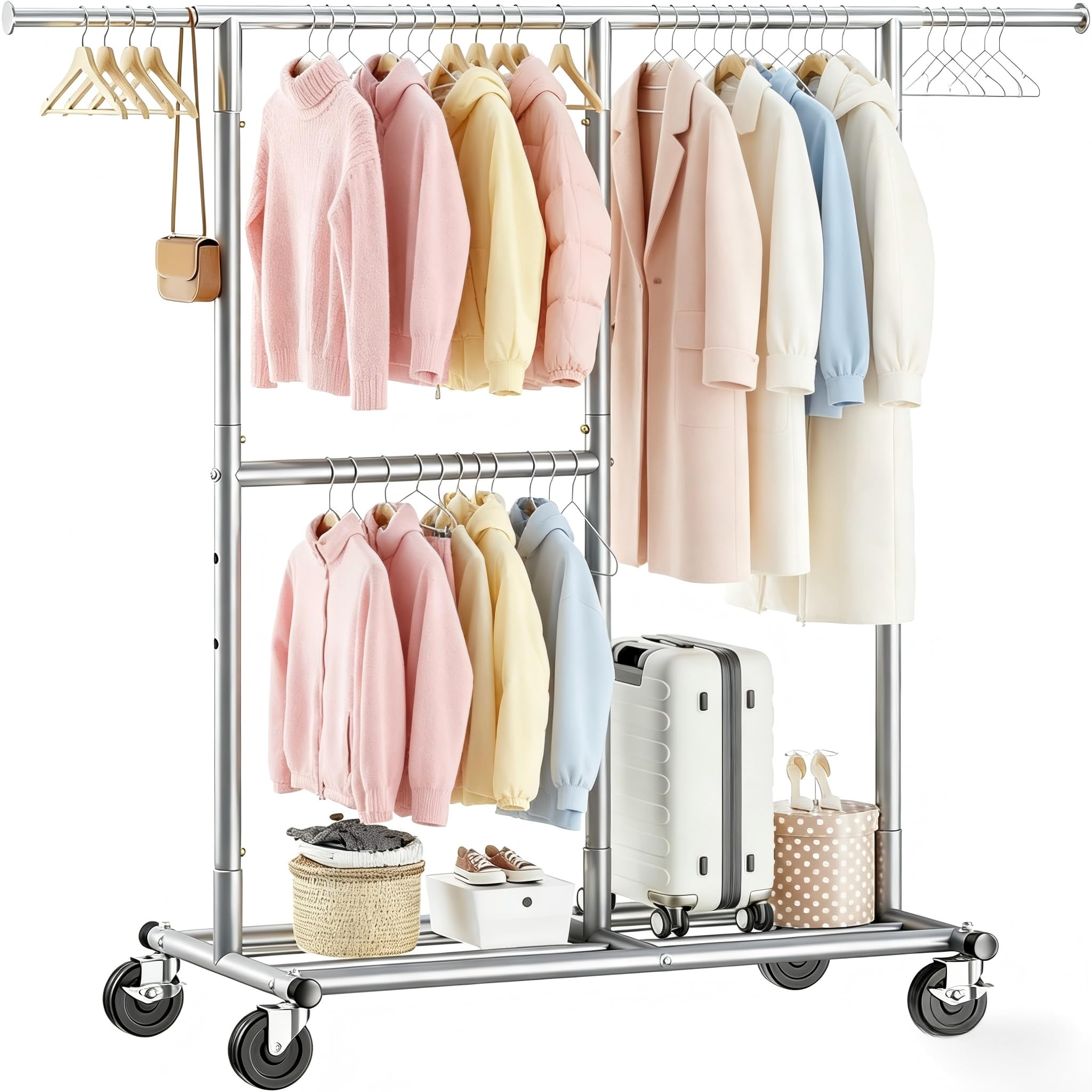 REIBII Heavy Duty Clothes Rail, 136KG Loading Capacity, Silver