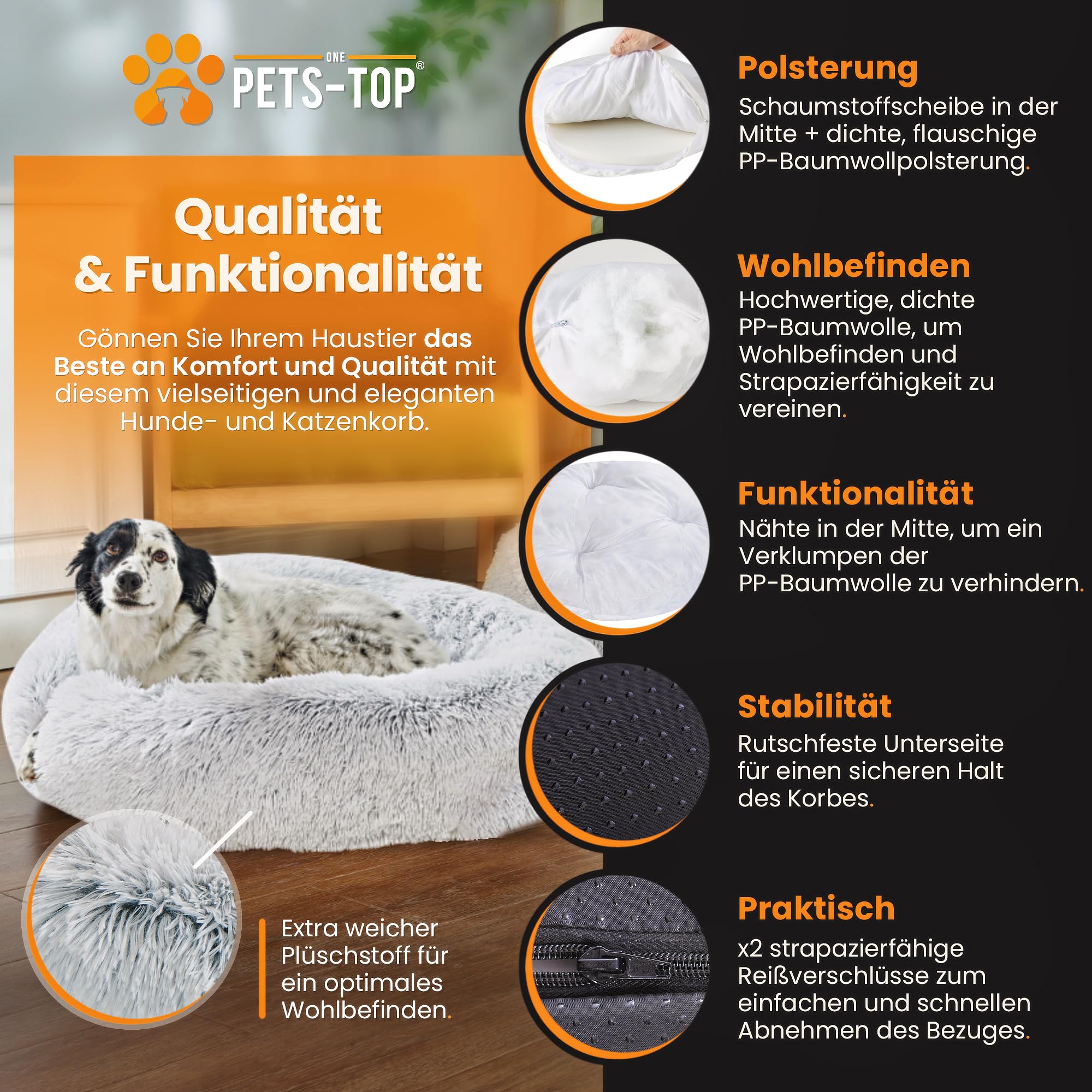 One PETS-TOP® Hundekörbchen Waschbar Fluffy – Donut Hundebett Flauschig mit Abnehmbarem Bezug – Hundebett Rund für Kleine & Große Hunde – Hundekissen Waschbar Anti-Stress – 115cm Durchmesser Perlgrau