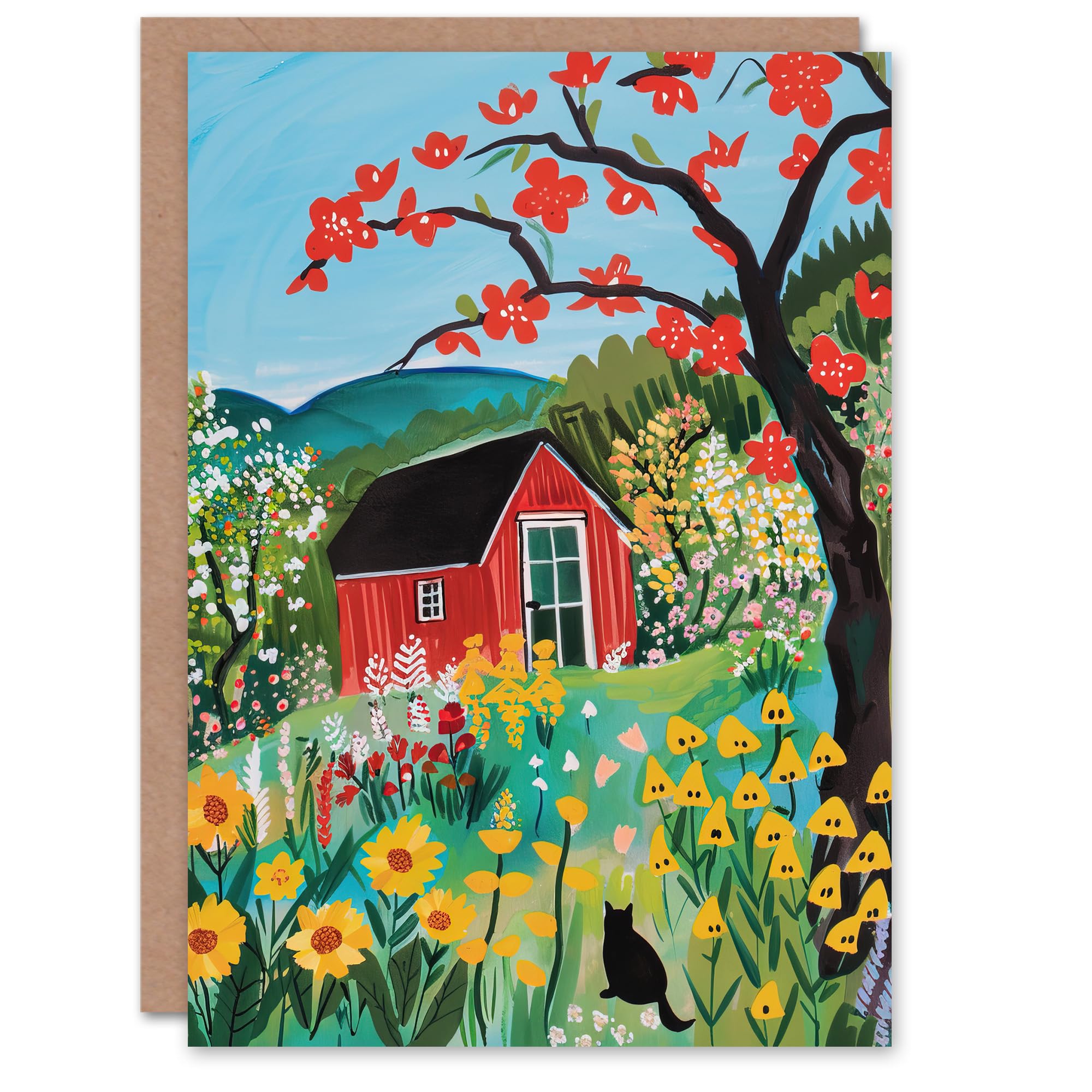 Artery8 Greeting Card - Red Cabin in Wildflower Valley Painting
