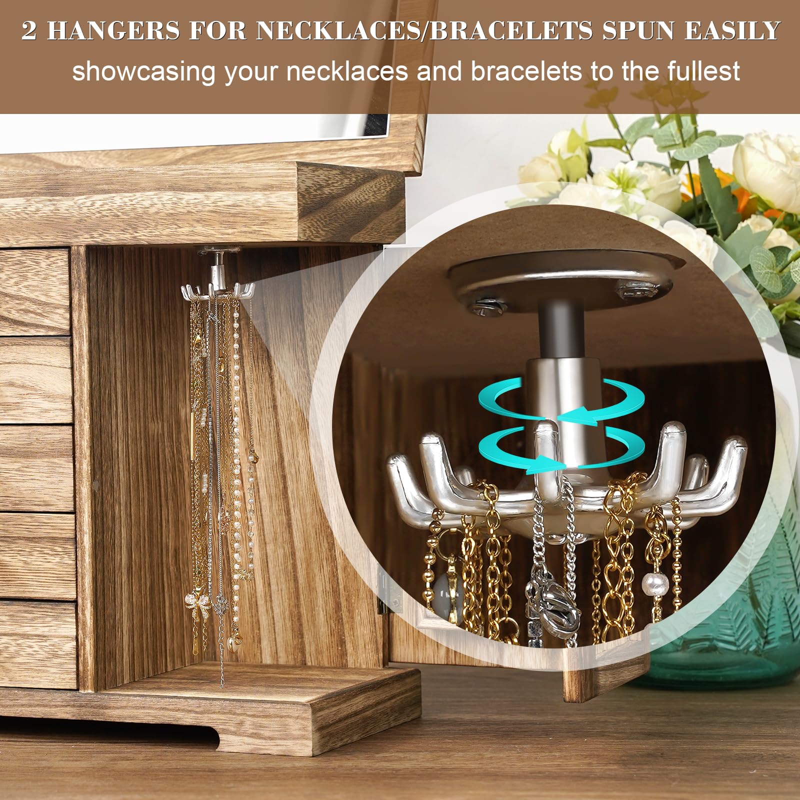 Boîte à Bijoux Femme, Rustique Grande Boite a Bijoux Bois avec Miroir, 6 couches Boite Rangement Bijoux Organisateur pour Colliers, Boucles D'oreilles, Bagues, Bracelets (Marron Rustique)