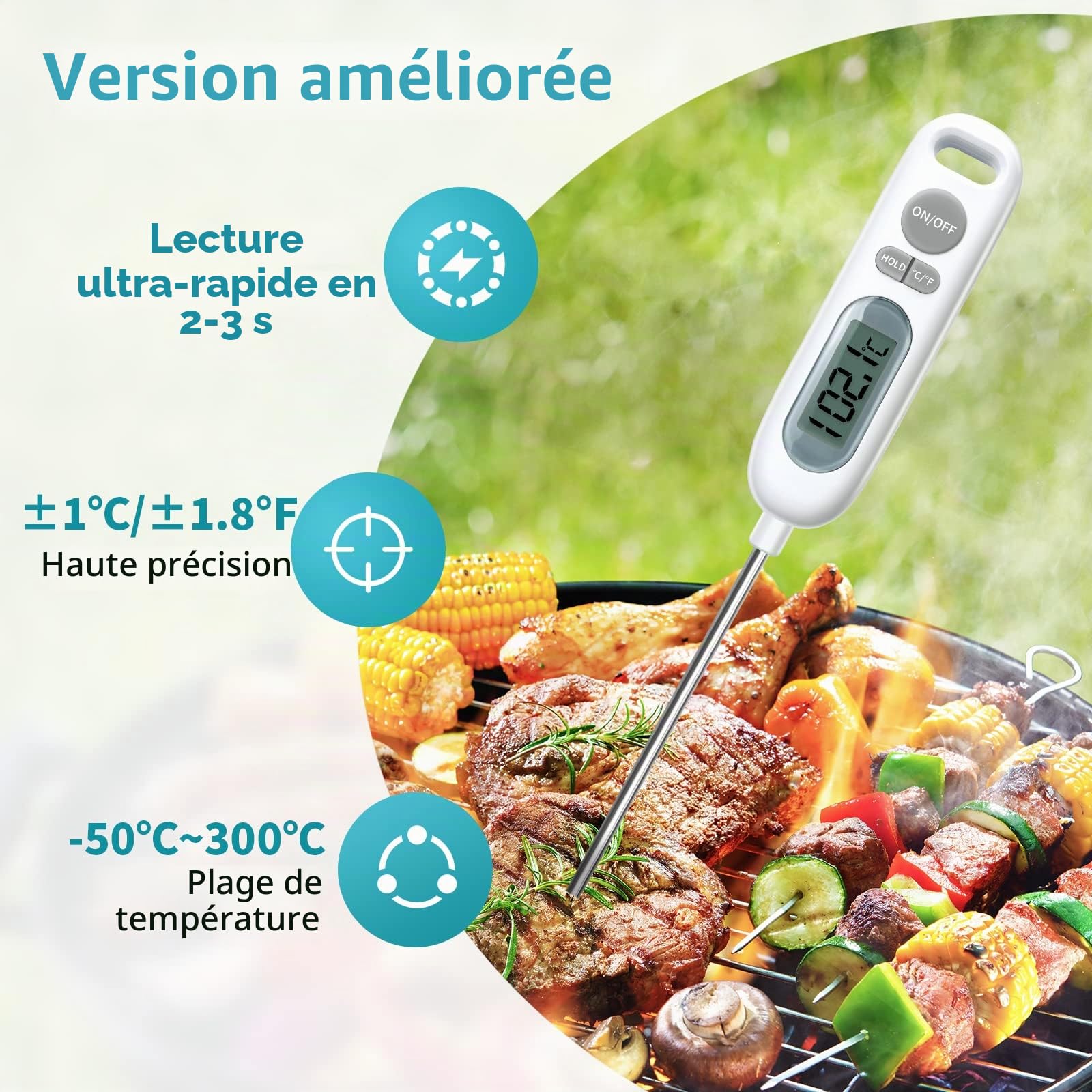 HORJOR Thermomètre de Cuisson Digital 141mm Sonde pour Barbecue Viande Patisserie
