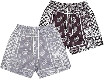 MECH-ENG Mens Paisley Shorts 2 Pieces Mesh Graphic Bandana Print Boho Summer Beach Lightweight Drawstring Shorts