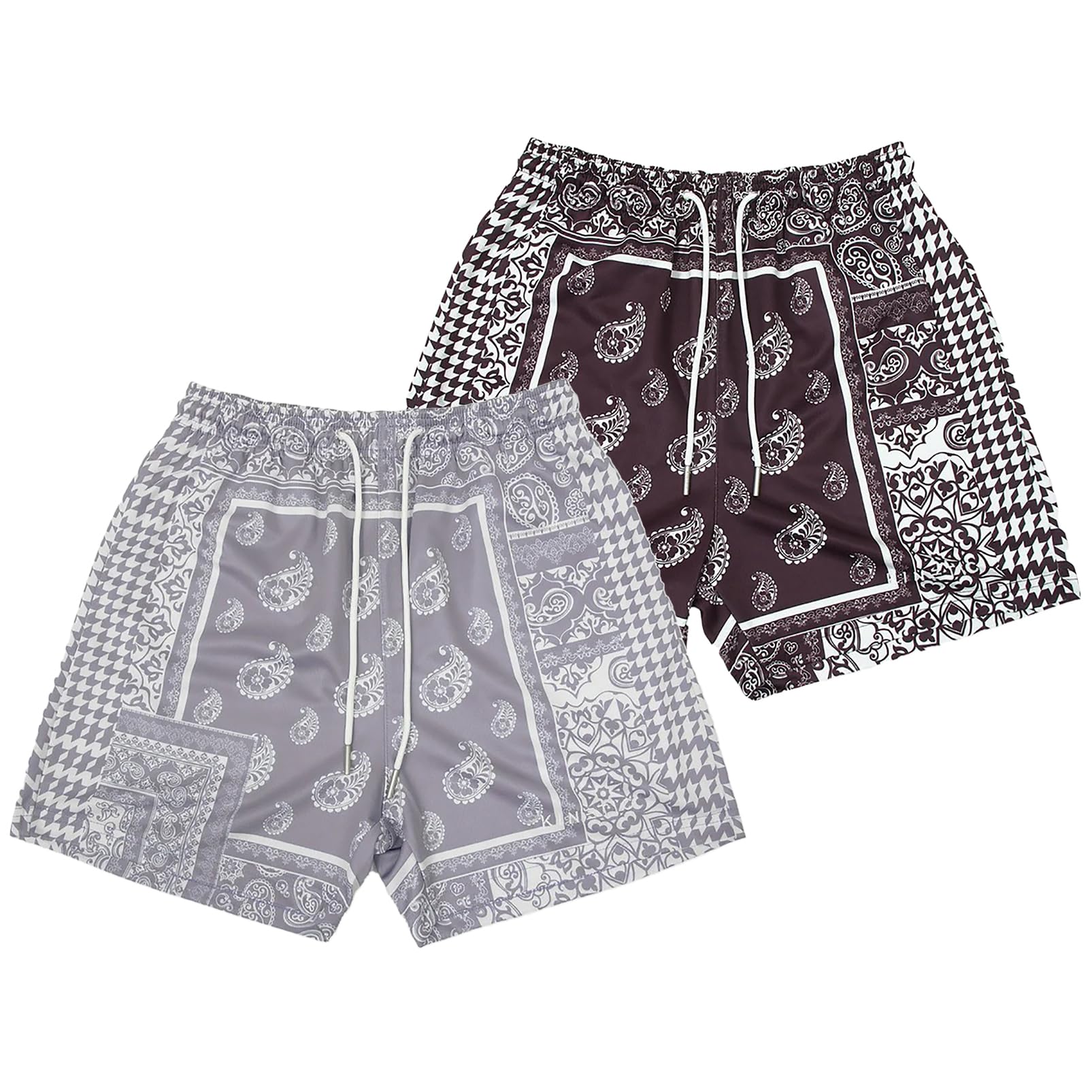 MECH-ENG Men's Paisley Shorts (2 Pieces) Mesh Graphic Bandana Print Boho Summer Beach Lightweight Drawstring Shorts