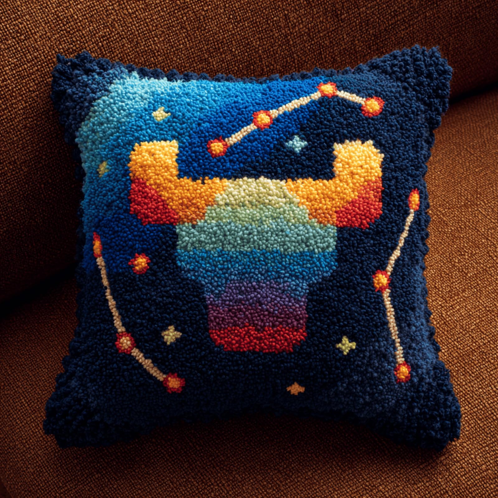 Taxpy Taurus Constellation Latch Hook Cushion Kit,17x17in DIY Pillow Cover Craft Set with Yarn,Hook & Printed Canvas,Fun and Relaxing Handmade Gift for Beginners,Adults
