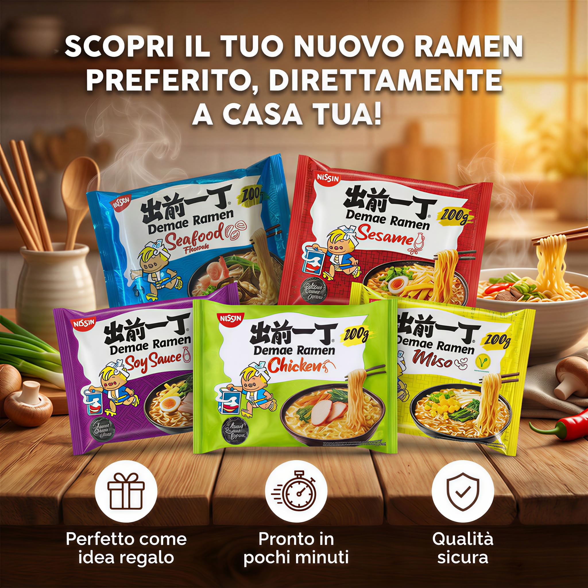 HU TASTE - Kit Ramen Giapponese: x10 Pacchi (Pollo, Miso, Frutti di mare, Sesamo, Salsa di soia)
