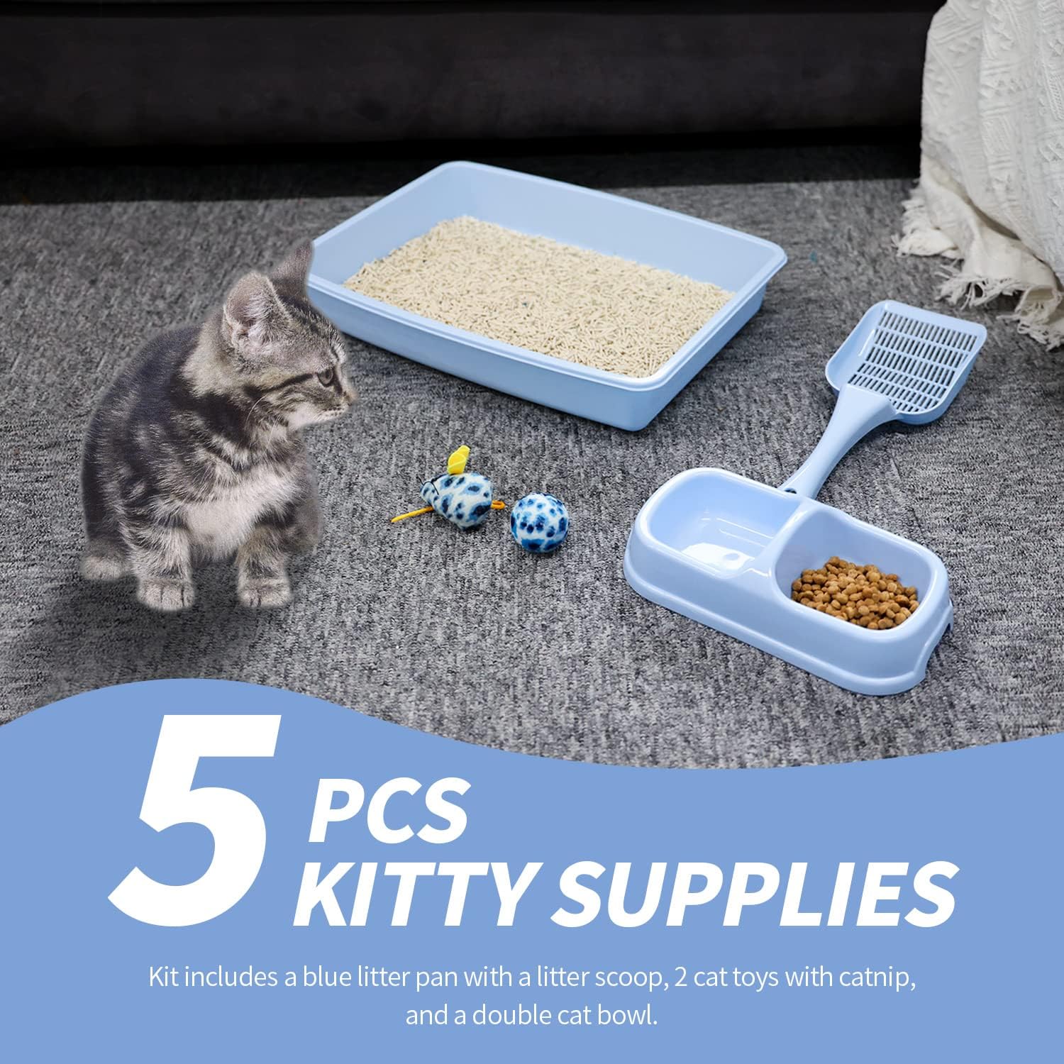 Kit Starter Per Gatti - Lettiera, Ciotole E Giocattolo (Blu)
