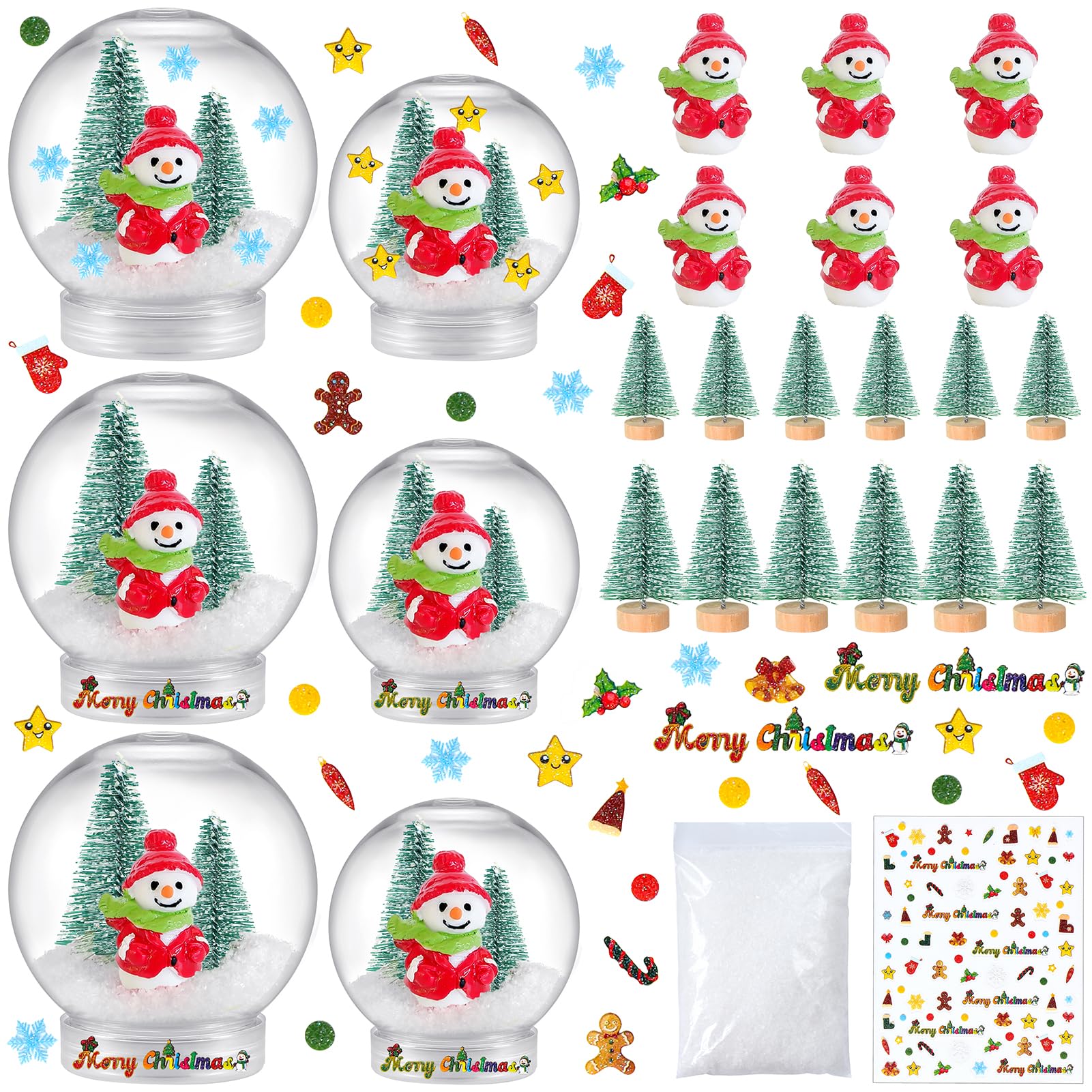 6 Set Christmas Plastic Snow Globes Kit Includes 6 Clear Snow Globe, 12 Mini Xmas Trees, 6 Christmas Snowman Fillable Ornaments, 1 Xmas Sticker with Artificial Snow for DIY Crafts Home Winter Decor