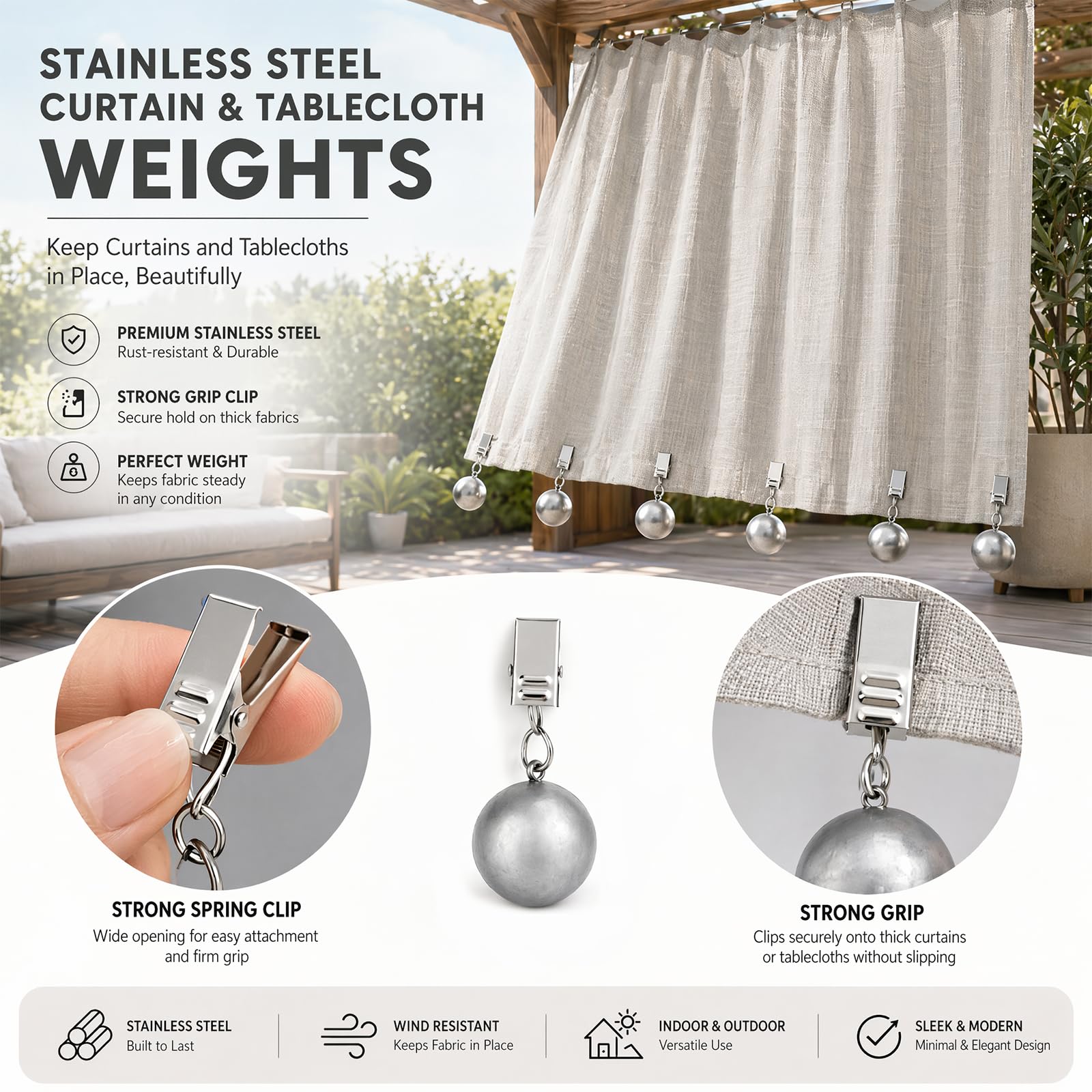 Pesi per tovaglia in Acciaio Inox Massiccio 66g, Confezione da 10 Pezzi con Clip Fissaggio, contrappesi per Tende, Bandiere, Picnic Esterni, balconi e Campeggio Giardino