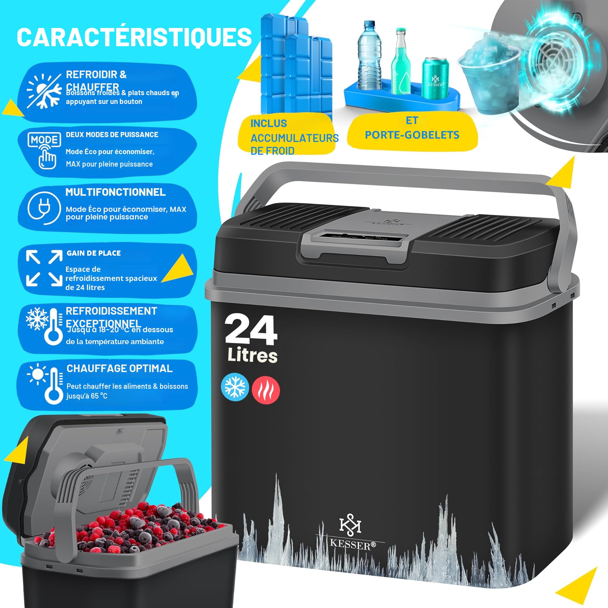 KESSER Glacière électrique 24 L 12 V/230 V mini réfrigérateur avec accumulateurs de froid A+++