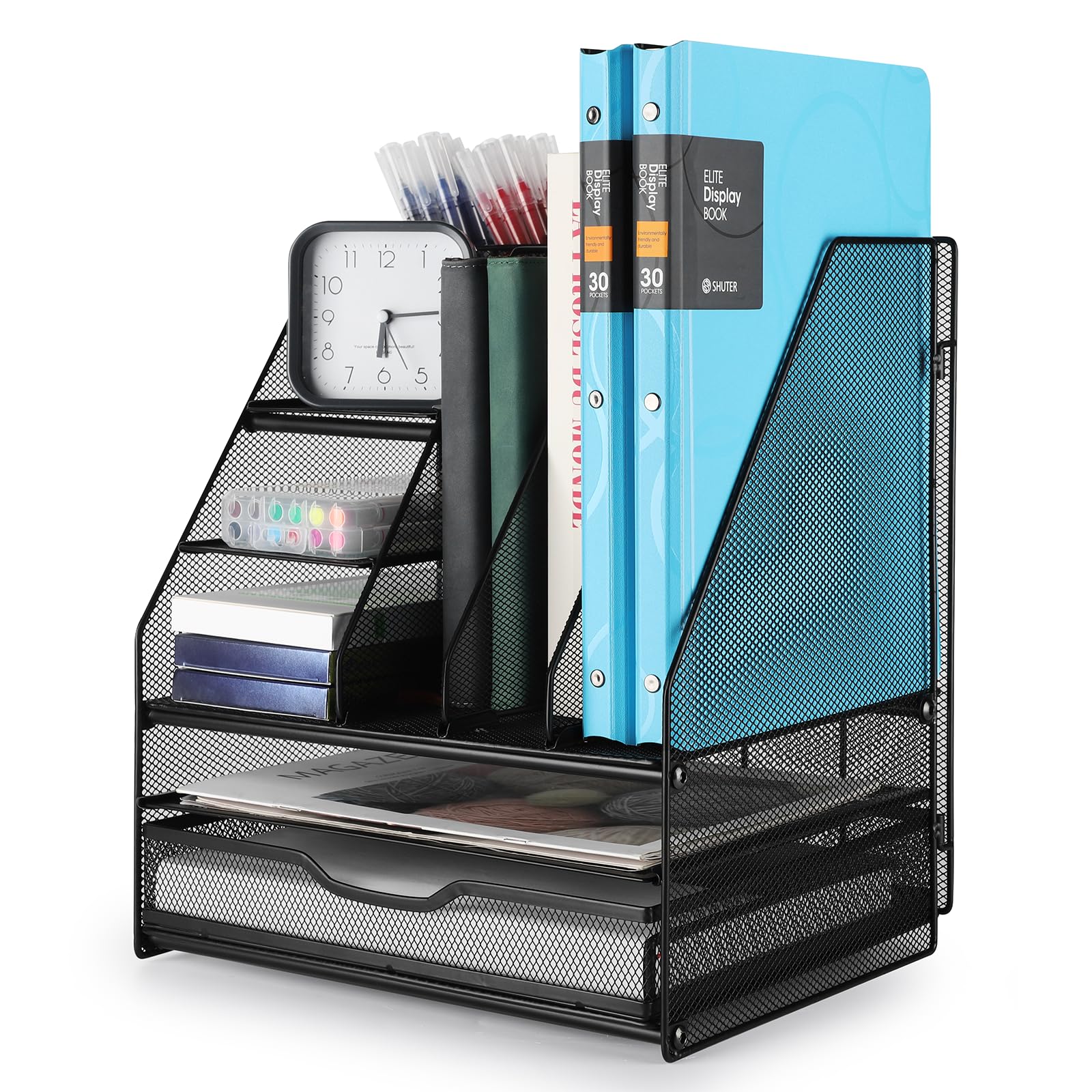 Cinnani Organizador de escritorio grande de metal de 5 niveles con estante de escritorio de metal, bandeja de oficina apilable, cajón grande para carpetas y revistas.