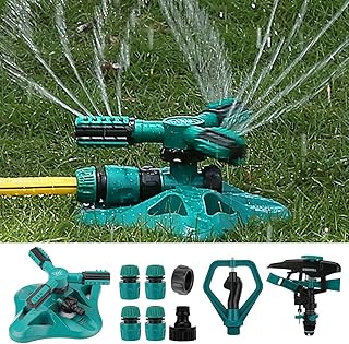 WISDOMWELL Garden Sprinkler Adjustable water spray range Suitable for large areas of lawn Automatic 360 Degree 3 Arm Rotating Sprinkler System Sprinklers (1Sprinkler+4Connectors+2 Sprinkler Head)