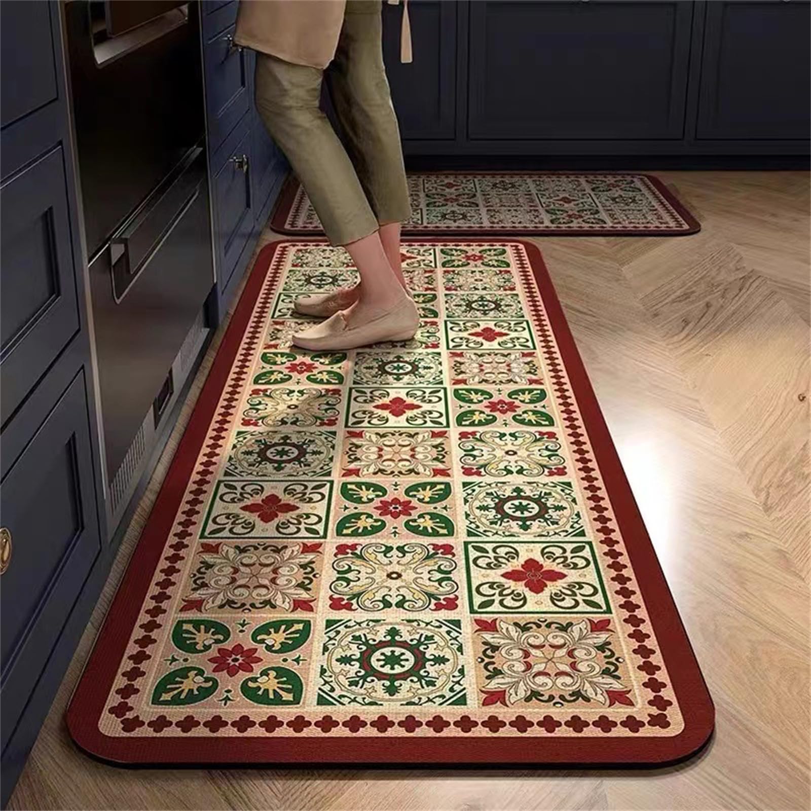 Highdi Water Absorption Kitchen Rug, Moroccan Style Kitchen Mat Door Mat, Thickness 2.5mm Non Slip Kitchen Mats Washable Kitchen Rugs, for Entryway,Laundry Room,Hallways (Red,60x120cm)