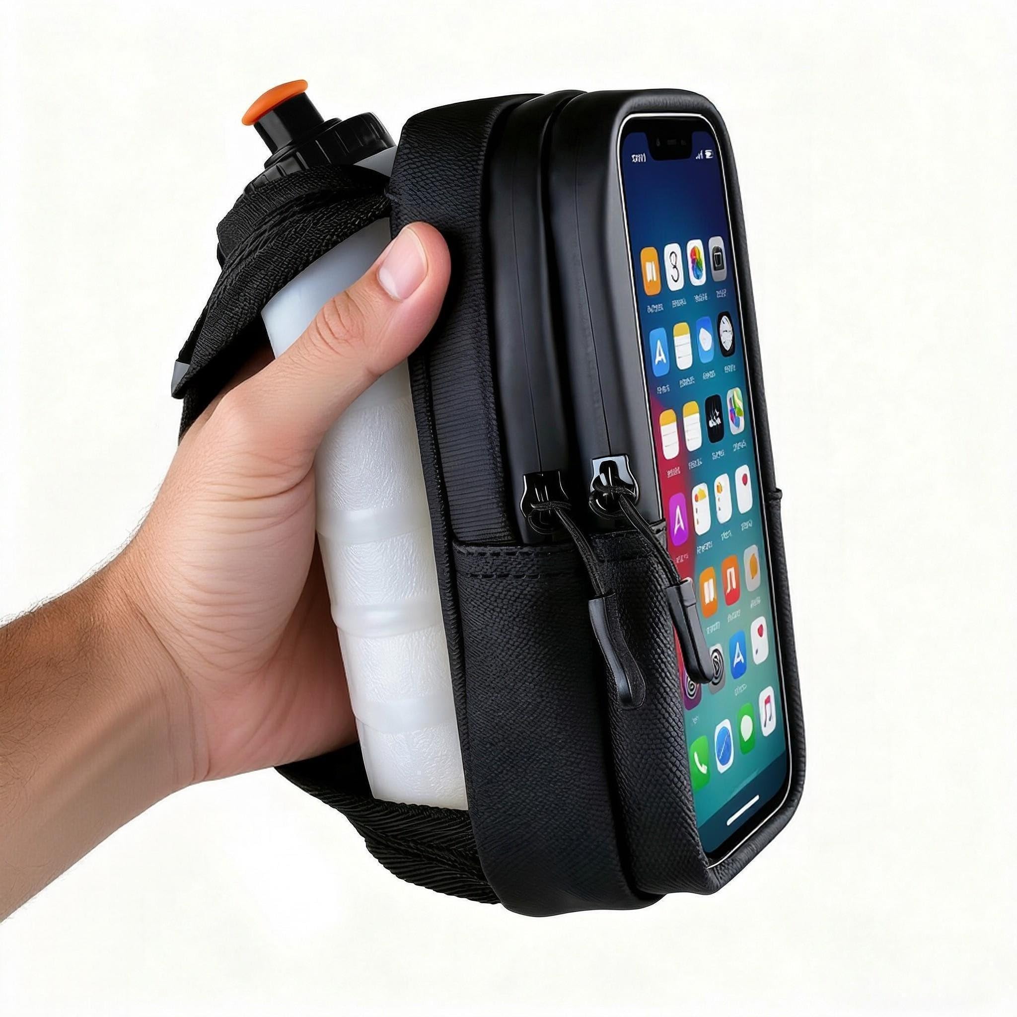 HECHZSO Handheld Running Water Bottle with Phone Pocket 15oz/450ml No-Bounce TPU Touchscreen BPA-Free Waterproof Dual-Layer Anti-Scratch Fits Up to