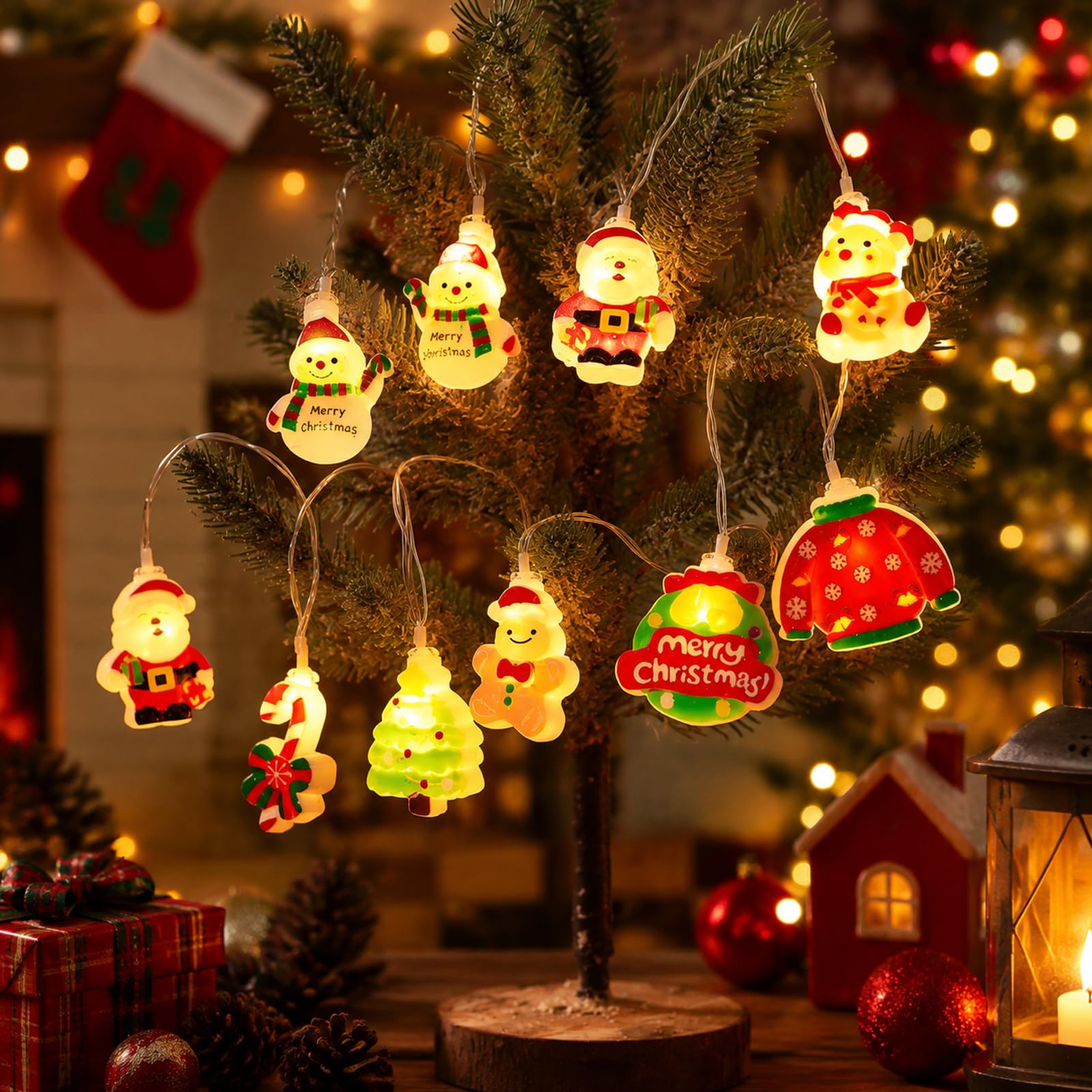 Christmas LED String Lights, Cartoon Fairy Lights with Santa, Snowman, Christmas Tree Ornaments, Indoor Xmas Decorative Lights for Home Bedroom Party Christmas Tree Decorations