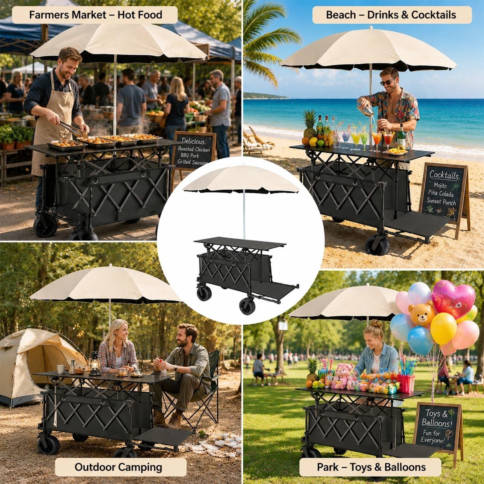 Stand for mercato agricolo con ombrellone e contenitore ad alta capacità | Carrello da campeggio portatile su ruote, ideale for picnic all'aperto, vendita di dessert e vendita di cibi pronti