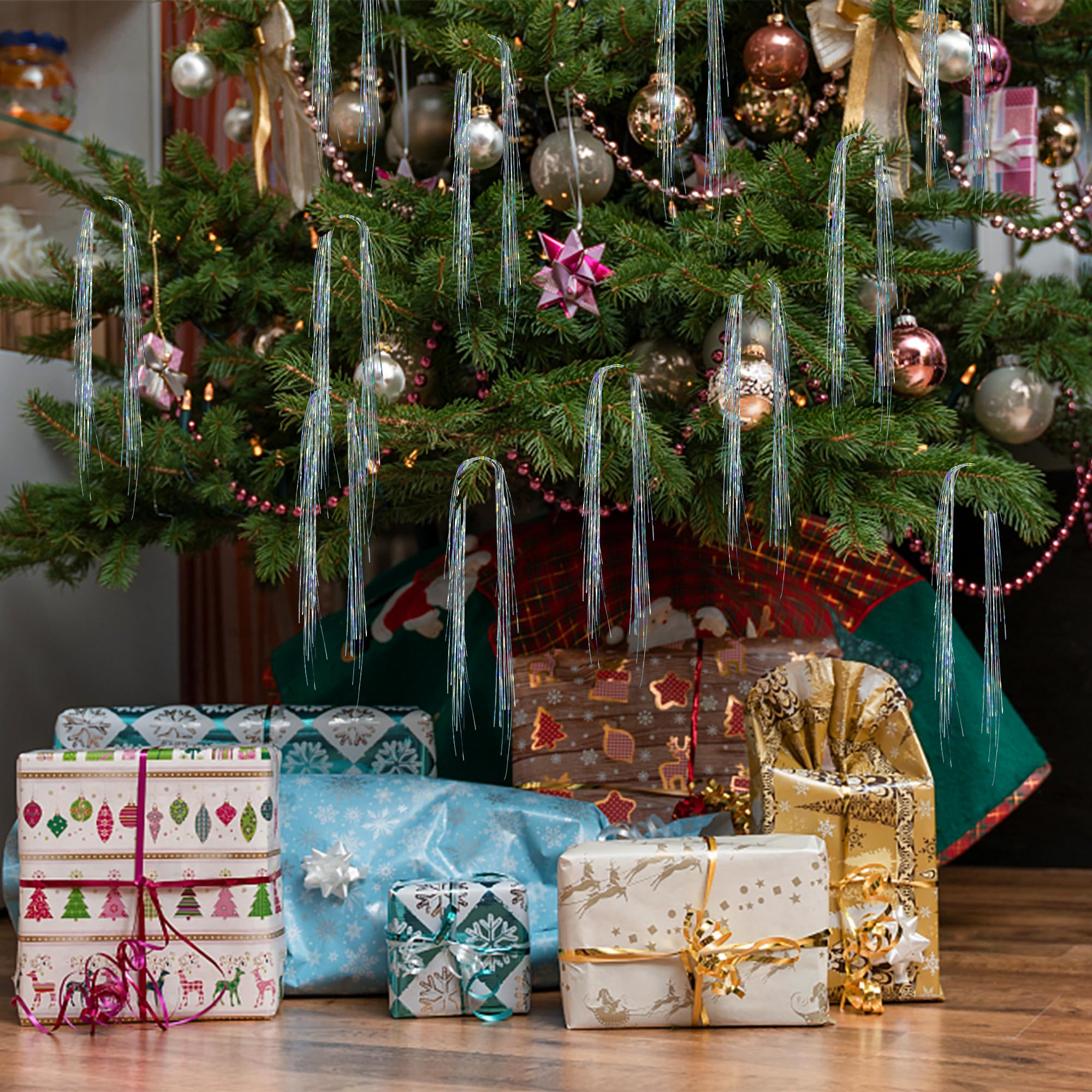 Sfcddtlg 12000 Stück Weihnachtsgirlande Eiszapfen Girlande schillernde Girlande Hängende Girlande für Weihnachtsbaum Geburtstag Hochzeit Party Laser Silber