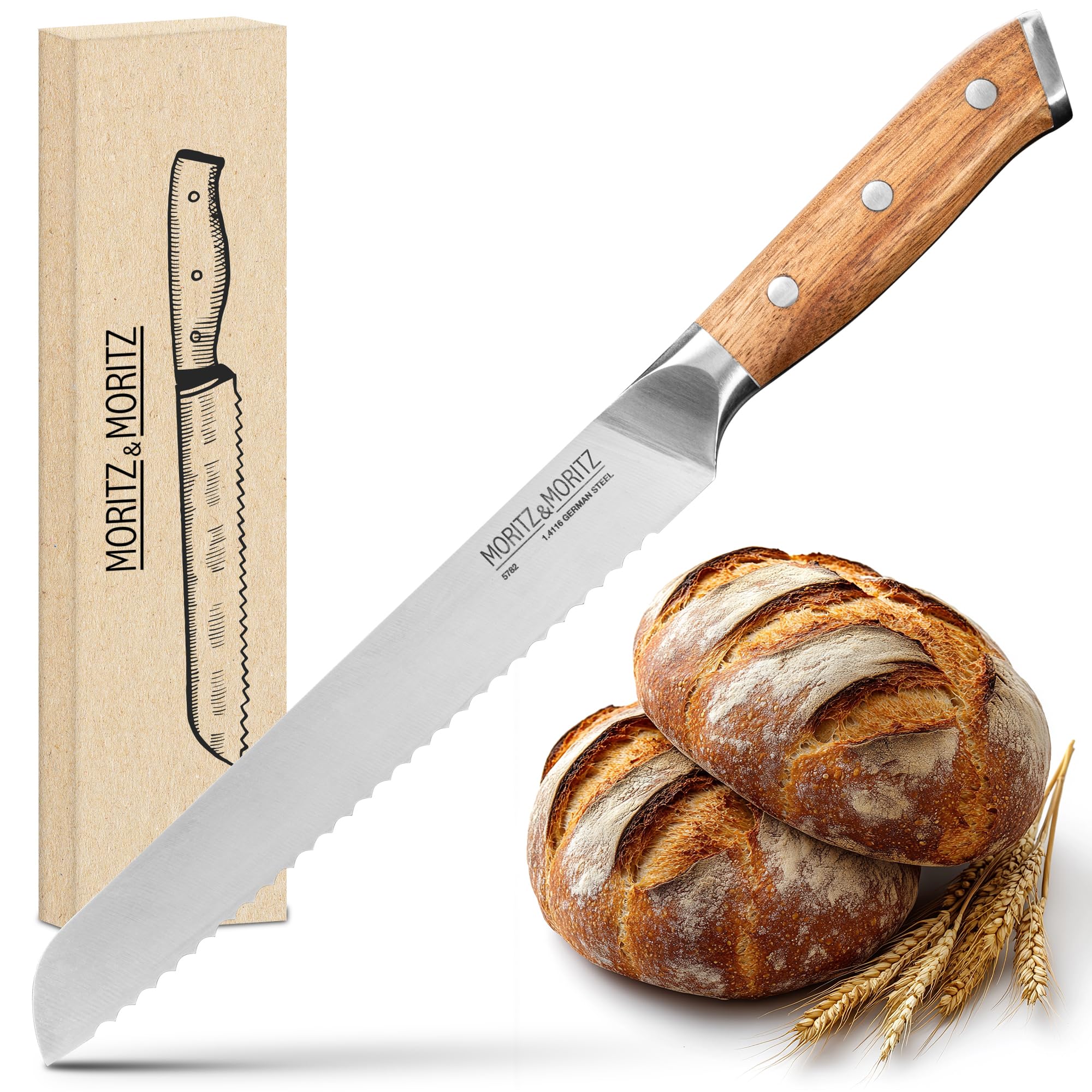 Moritz & Moritz Brotmesser 20 cm - Großes Profi Brotschneidemesser mit Wellenschliff - Scharfes Sägemesser zum Schneiden von Brot - Ergonomischer Griff aus Akazienholz - Deutscher Messerstahl