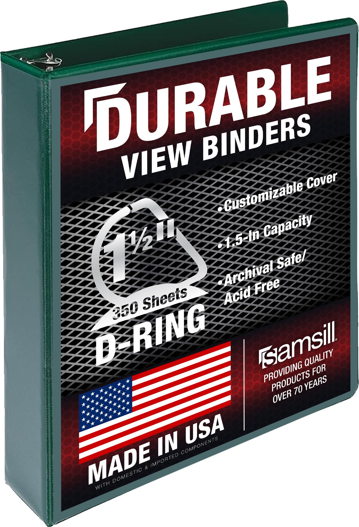 Samsill Durable 1.5 Inch Binder, D Ring Binder, Customizable Clear View Cover, Forest Green, Holds 350 Pages