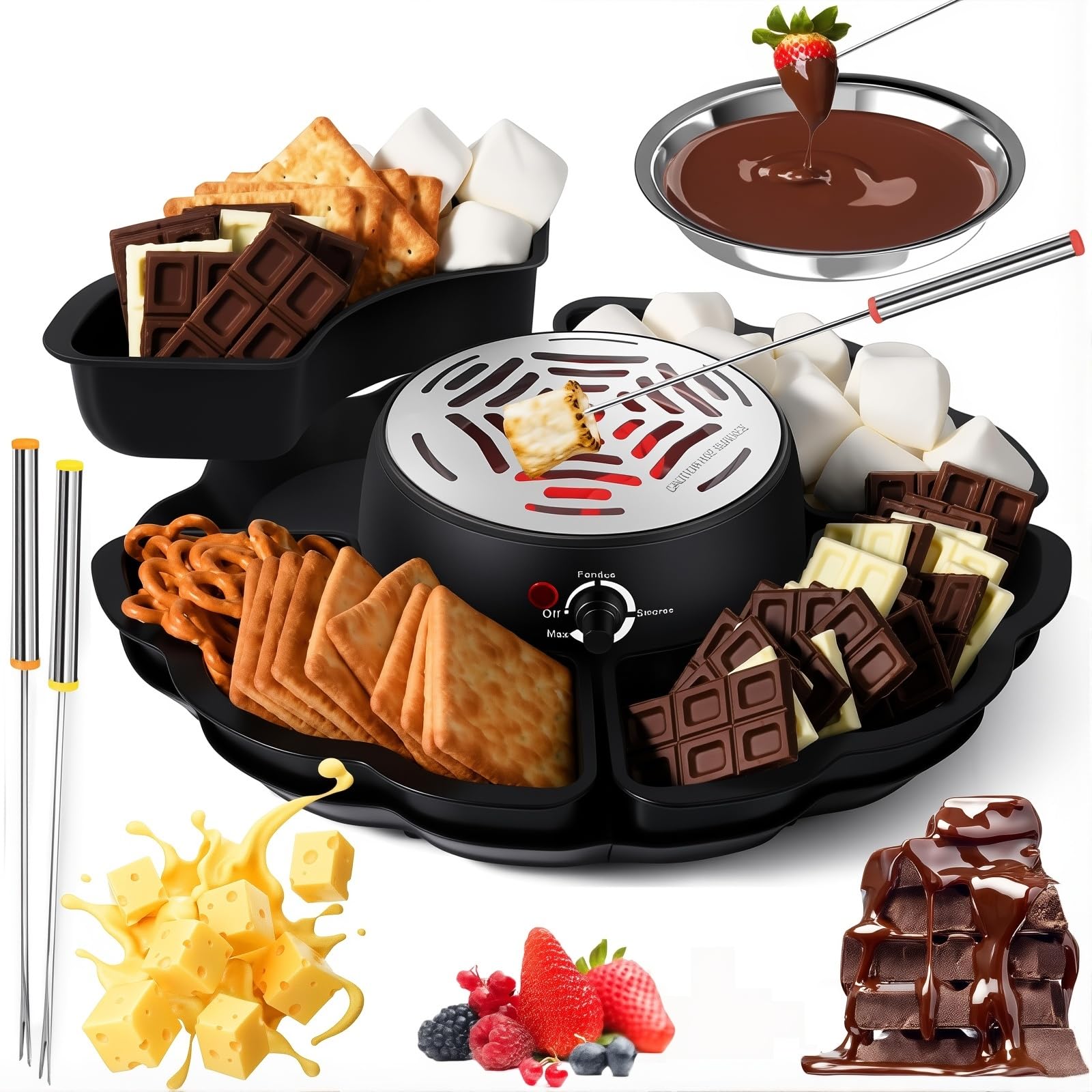 Kit de tostado de malvavisco con fondue de chocolate, cuenco de 340 ml, temperatura ajustable, protección contra sobrecalentamiento, incluye accesorios, fácil de limpiar