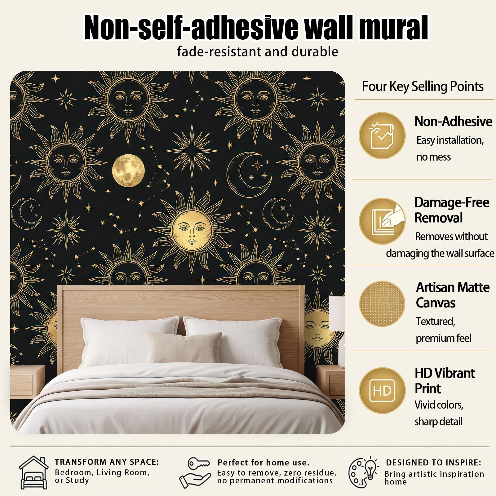 Natur Fantasie Wald Panorama Fototapete 400 x 280 cm, Sonne Mond Menschliches Gesicht Sternenmuster Sterne Vlies Tapete Wandtapete, Schwarz-Gold Wandbilder Tapete für Wohnzimmer Schlafzimmer Apartment