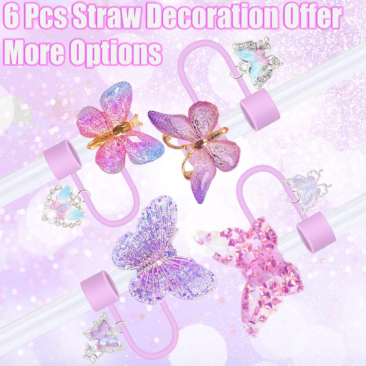 Butterfly Straw Topper, Purple Straw Cover Compatible with Stanley Cups 30&40 Oz with Clip-On Bling Butterfly Ornament, Cute Tumblers Water Bottle Accessory (Purple)