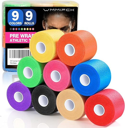 9 Rolls (108 Yards) Pre Wrap Athletic Tape - 9 Colors, 3rd Gen Prewrap for Hair Soccer, Athletic Sports Wrap Foam Underwrap for Headbands, Ankles, Wrists, Hands & Knees