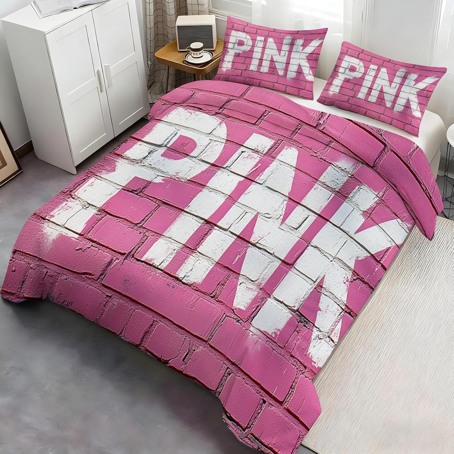 Graffiti Comforter Cover Queen Size, Pink Brick Wall Duvet Cover Queen Size, Pink Bedroom Decor, Bedding Set 3 Piece with 2 Pillow Sham