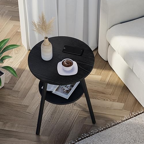 Miniatura 5 de INHABIT UNION Mesa auxiliar redonda de 2 niveles, mesa auxiliar pequeña negra para sala de estardormitorio, con almacenamiento de tablas de madera