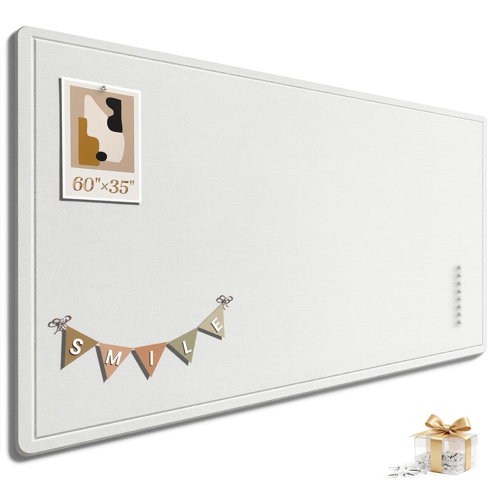 Large Bulletin Board, 60 X 36 Inches Felt Cork Board with 40 Pushpins, Foldable Felt Notice Pin Board Photo Display Board with Self-Adhesive Tape for Office Home School (White, 60x36 inch)