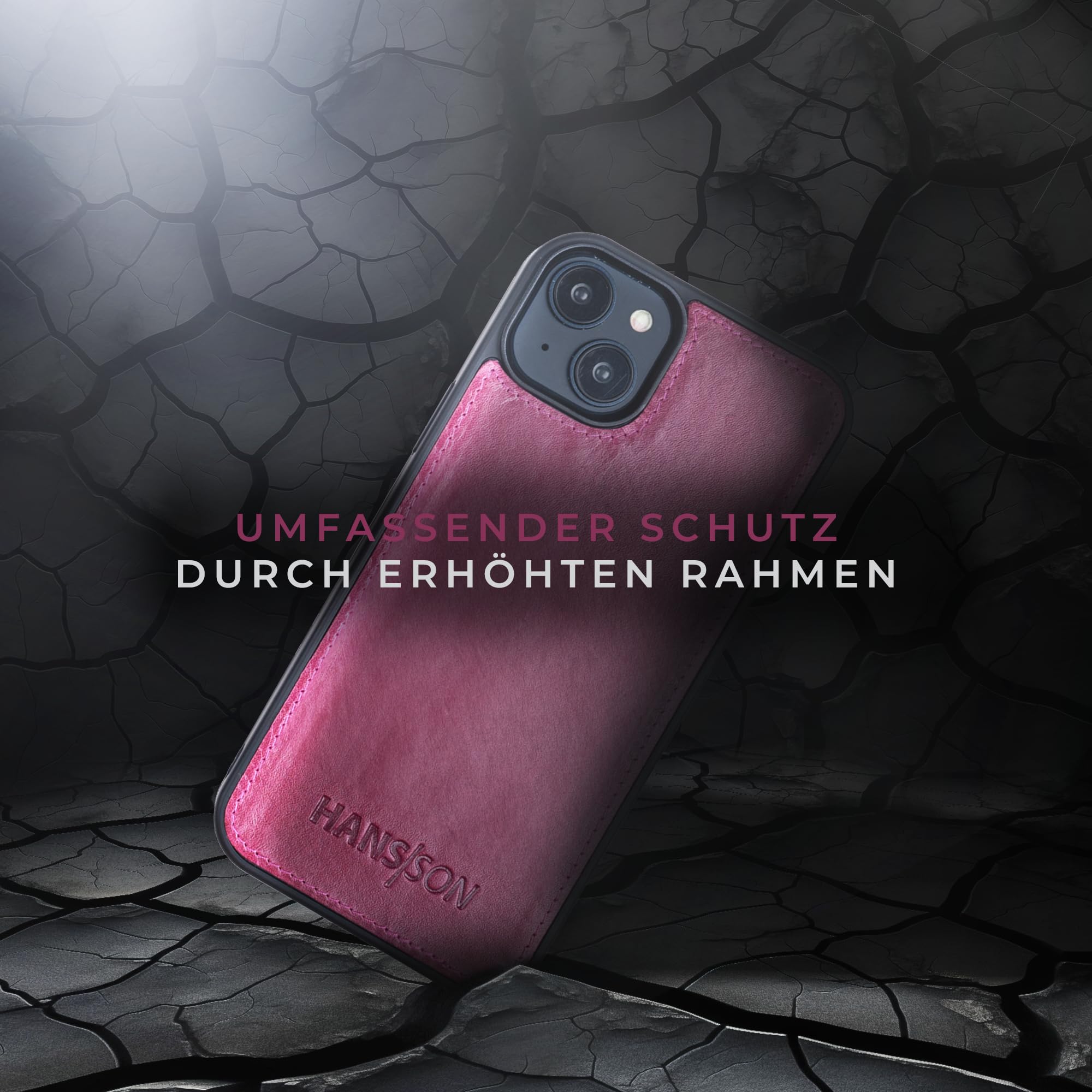 HANS/SON Echt-Leder-Handyhülle für iPhone 14 – Schmale 2 in 1 Klapphülle mit Kreditkartenetui, Magsafe kompatibel, perfekte Passform, stoßfest, Standfunktion, 6,1 Zoll – Magenta
