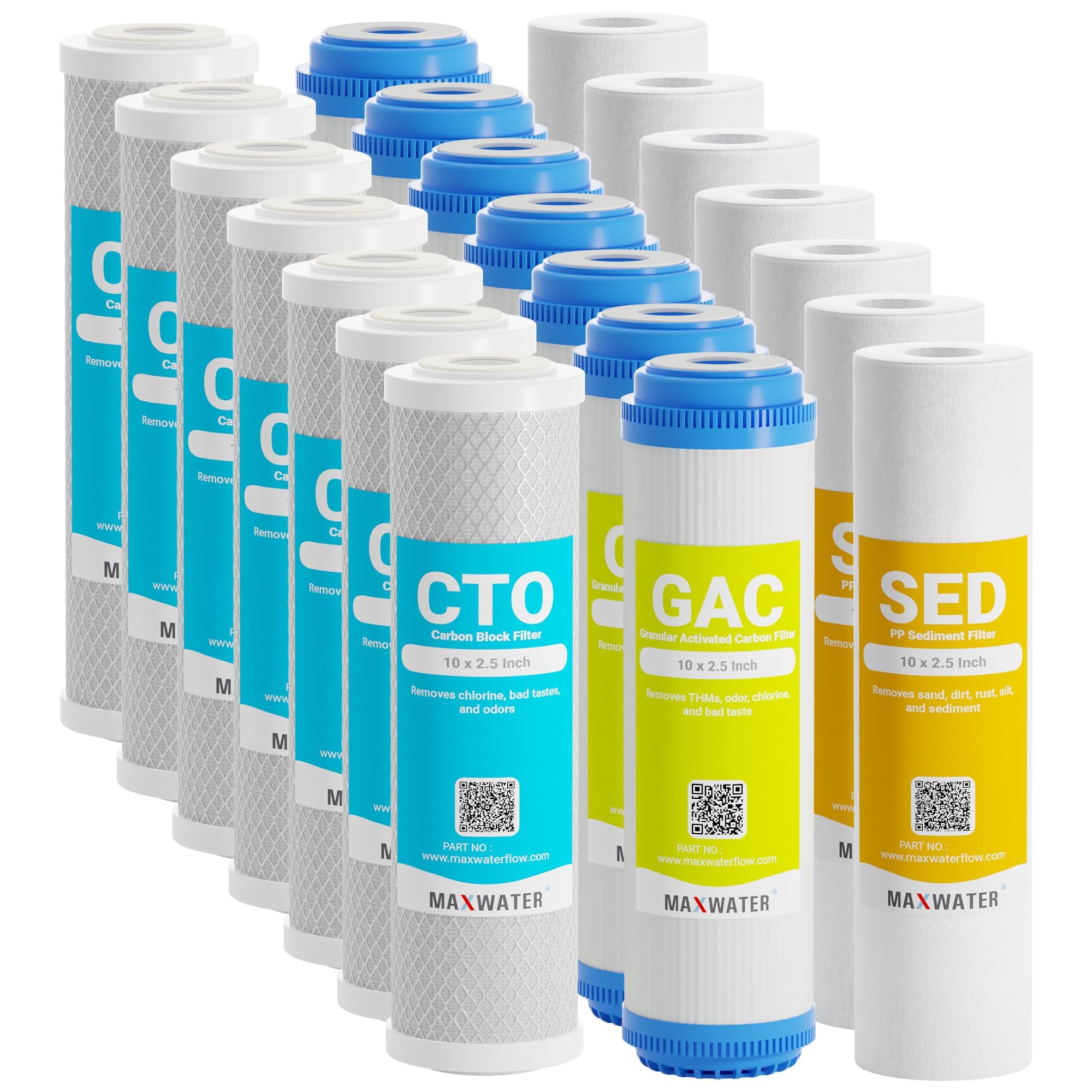 Max Water 5 Micron Replacement 10 x 2.5 inch Filter Cartridge Set For Standard RO | Reverse Osmosis Water Filter Systems - PP Sediment, GAC & CTO | Compatible with AP110, WHKF-GD05, WHKF-WHWC, GAC-10
