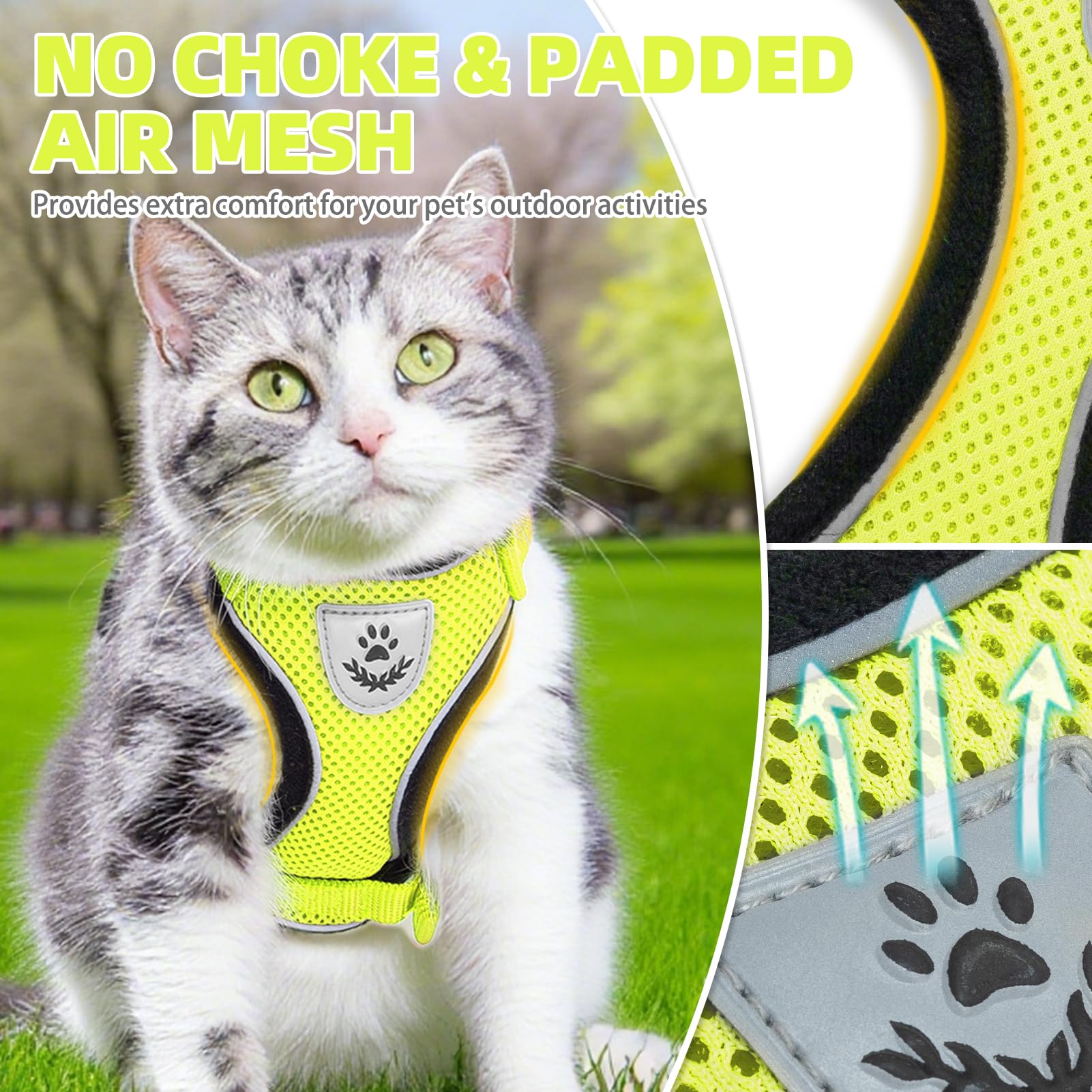 PUPTECK Cat Harness and Lead Set Escape Proof Reflective Cat Walking Harness Adjustable Soft Breathable Mesh Vest for Small Pets Fluorescent Yellow M - Image 3