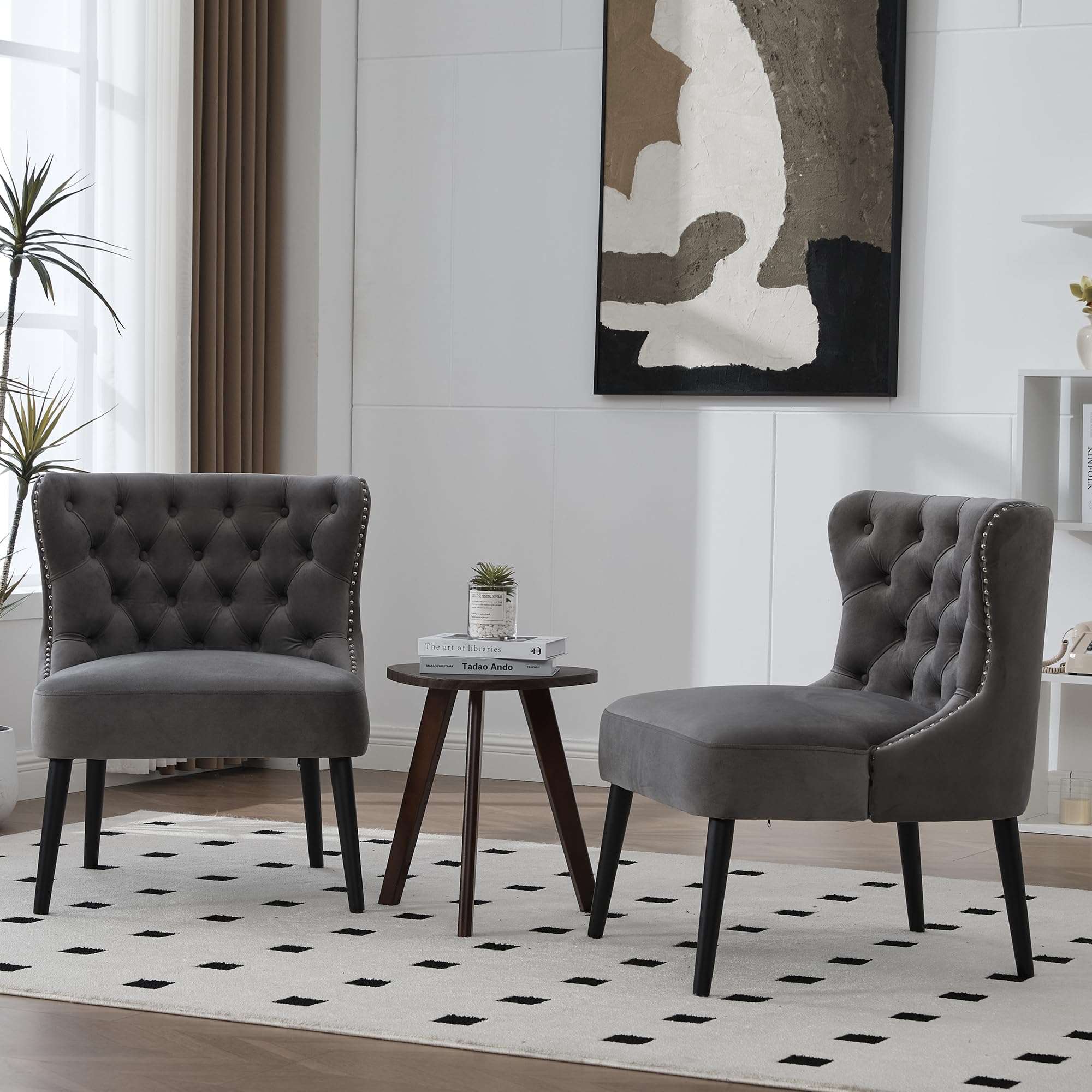 Silla de sofá con tira de botones de terciopelo y tamaño de puntos, diseño moderno sin brazo con remaches y patas de madera maciza para sala de estar, dormitorio.