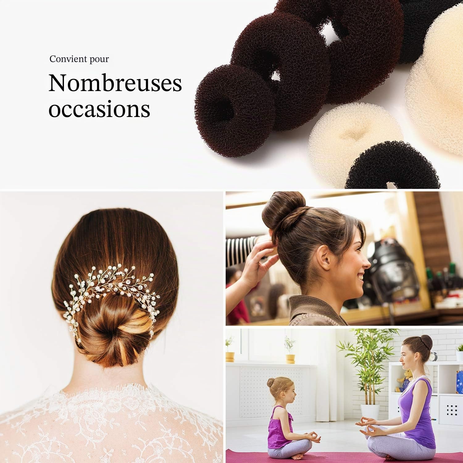 9 Pièces Donut Bun Maker Fabricant de Chignon de Cheveux Ensemble de Bun Maker Chignon de Style Anneau avec 12 Pièces Bandes Élastiques Cheveux et 32 Pièces Épingles à Cheveux (Noir, Marron, Beige)